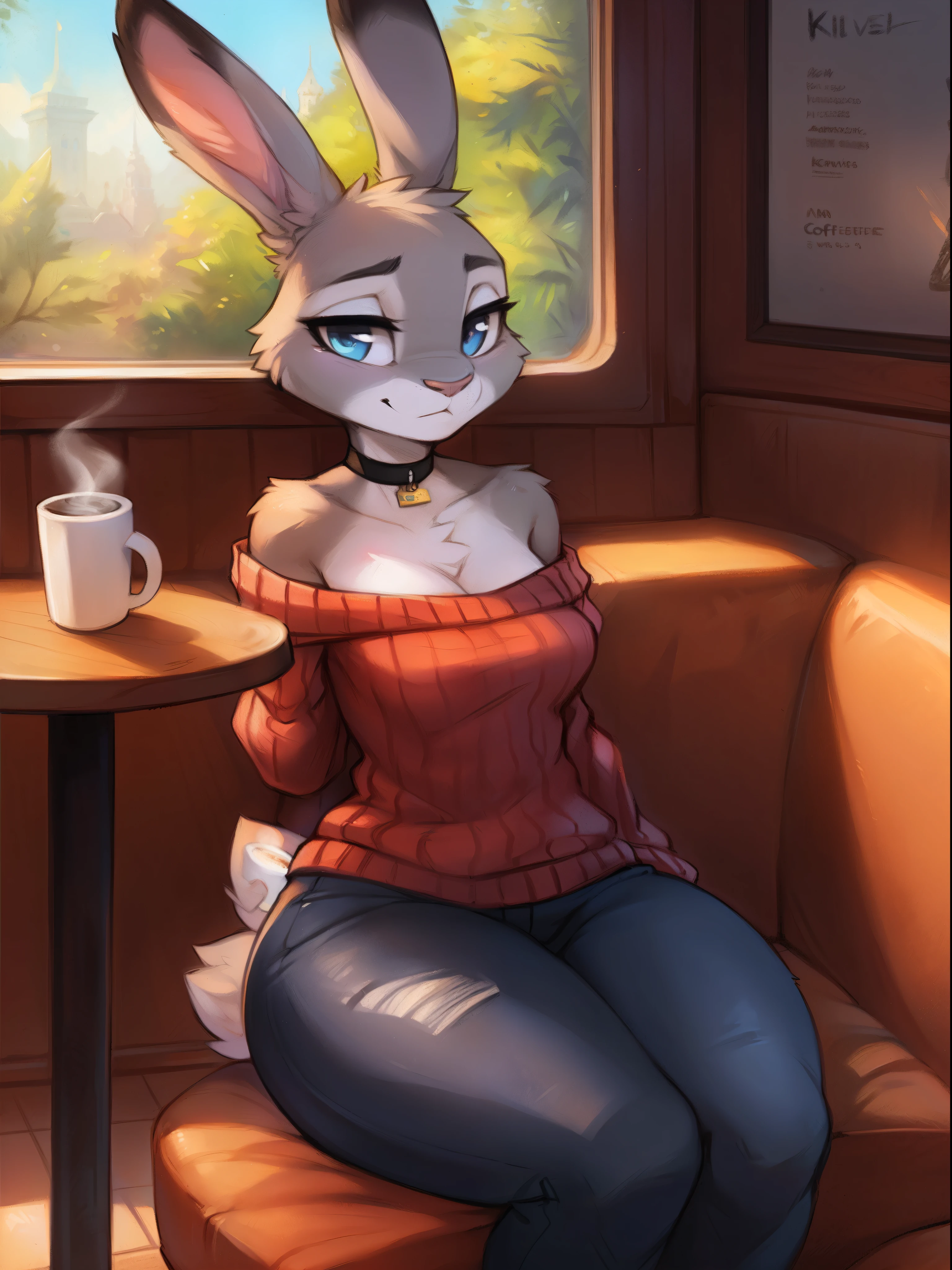 (by qupostuv35:1.0), female  fennec fox ((anthro, humanoid)), [(thin:1.1) : small :4], (Detailed face), (anthropomorphic legs, anthropomorphic hands:1.1), (solo), (:1.1), nude, naked, holding coffee, in cafe, blushing, thigh gap, detailed breasts, detailed vagina, small breasts, young, perky, cute, light brown fur, 
