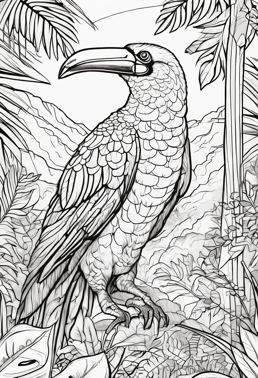 coloring book of a TUCAN in the forest, cartoon style, thick lines, no color, white background , strokes only