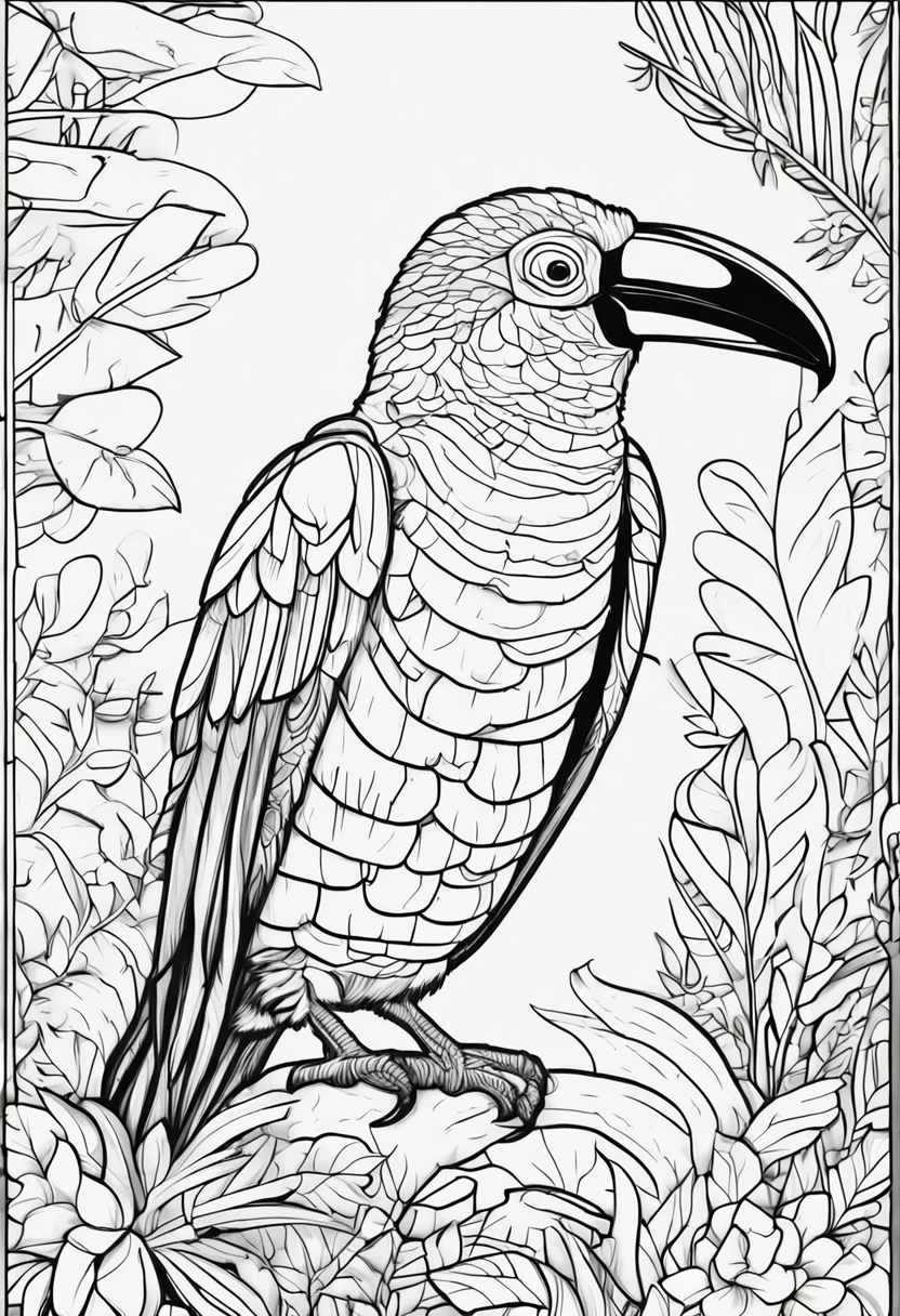 coloring book of a TUCAN in the forest, cartoon style, thick lines, no color, white background , strokes only