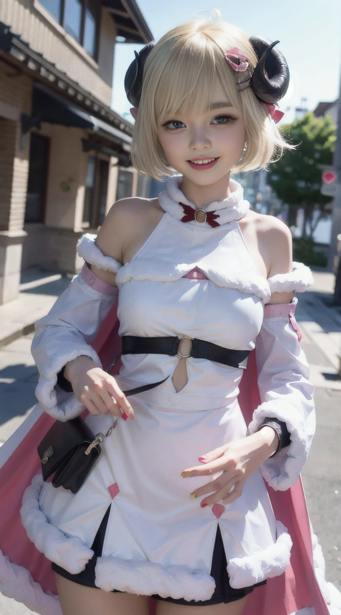 2d, masterpiece, best quality, anime, highly detailed eyes, highly detailed face, (cowboy shot), 1 girl, solo, standing, studio background, black background, light blush, smile, watame, tsunomaki watame, hololive, virtual youtuber, blonde hair, purple eyes, horns, ram horns, long hair, mature, wide hips, medium breasts, white dress, fur-trimmed dress, detached sleeves, white sleeves, pink accents, cape, smile, look at viewers, street, pose