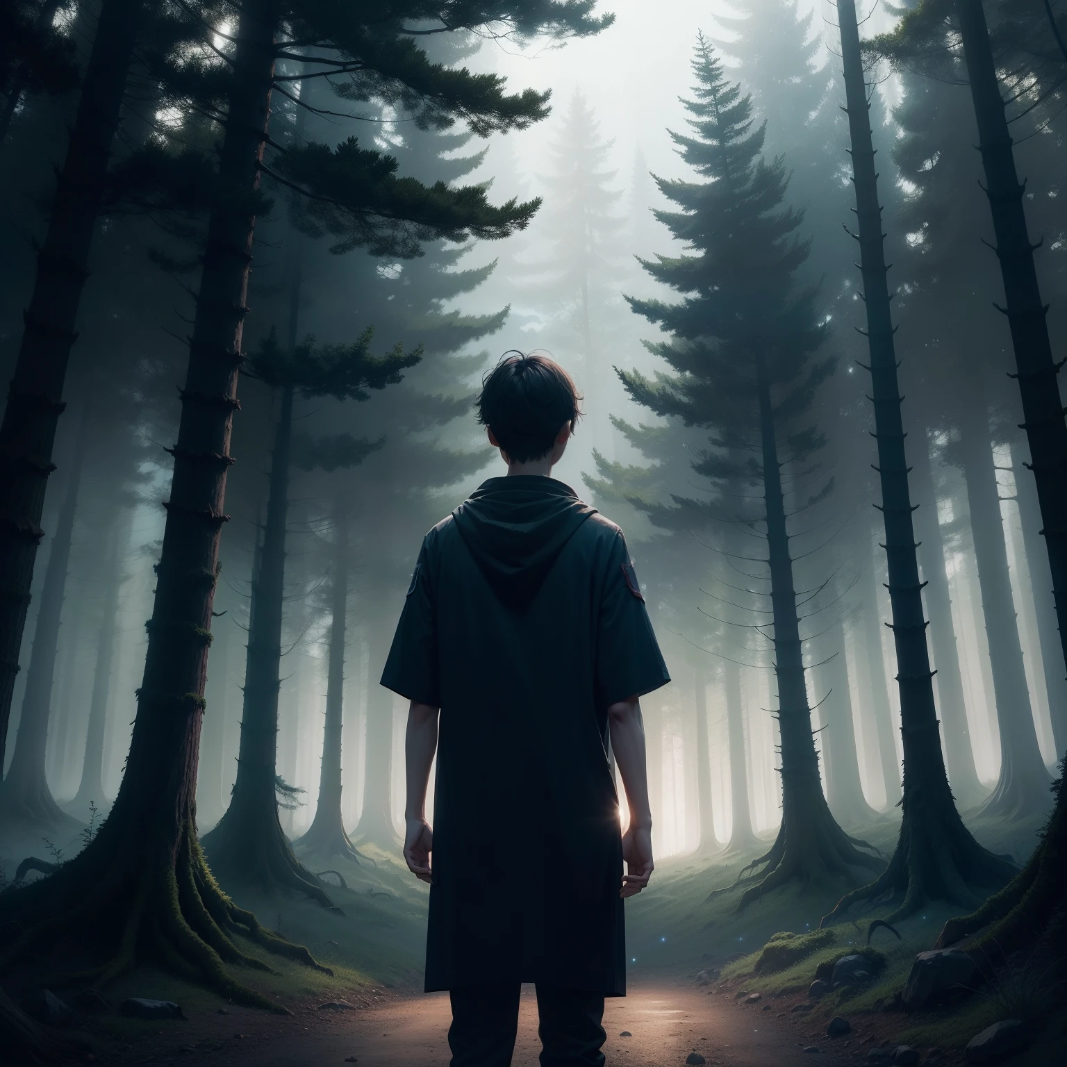 Rie an illustration that depicts Lucas standing at the edge of the dark forest, looking inside with a determined expression. The Star of Hope must shine brightly in the night sky, casting beams of light to dispel the surrounding shadows.