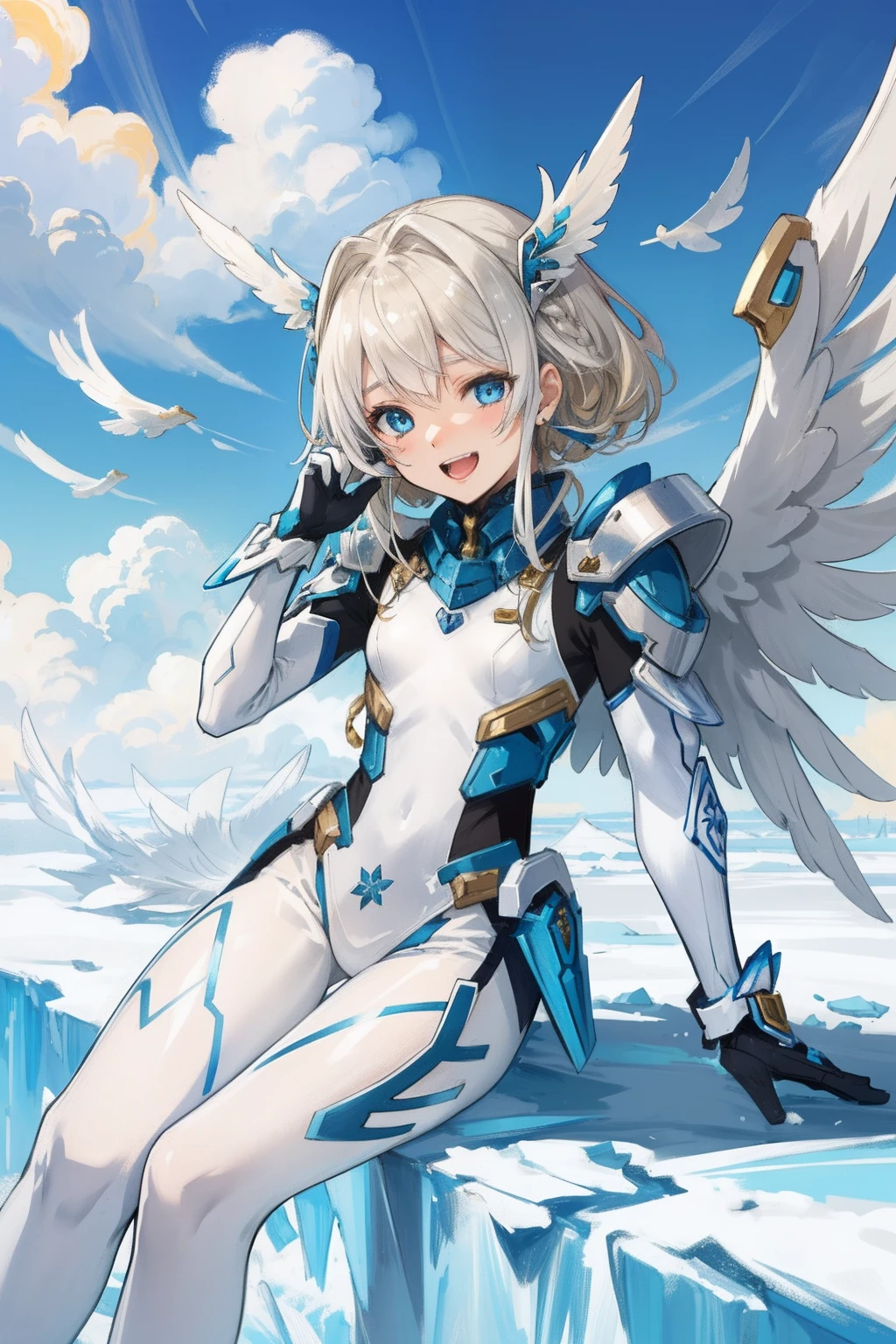(master piece, Best Quality), Intricate details, valkyrie, kawaii, (((Laugh))), Hand up, Looking at Viewer, Feather Headgear, Flower meadow, (((flat breast))) over the clouds, sitting
1 girl in, Solo, Portrait, Plutinum Blonde Hair, drooping iceblue eyes, Silver Single Thigh, White Independent Single Sleeve, iceblue gloves, Single braid,
mecha musume, White bodysuit, Silver Reinforced Suit, Mini Feather Wings, iceblue pantyhose, full armor, flower decoration, equip sword,
