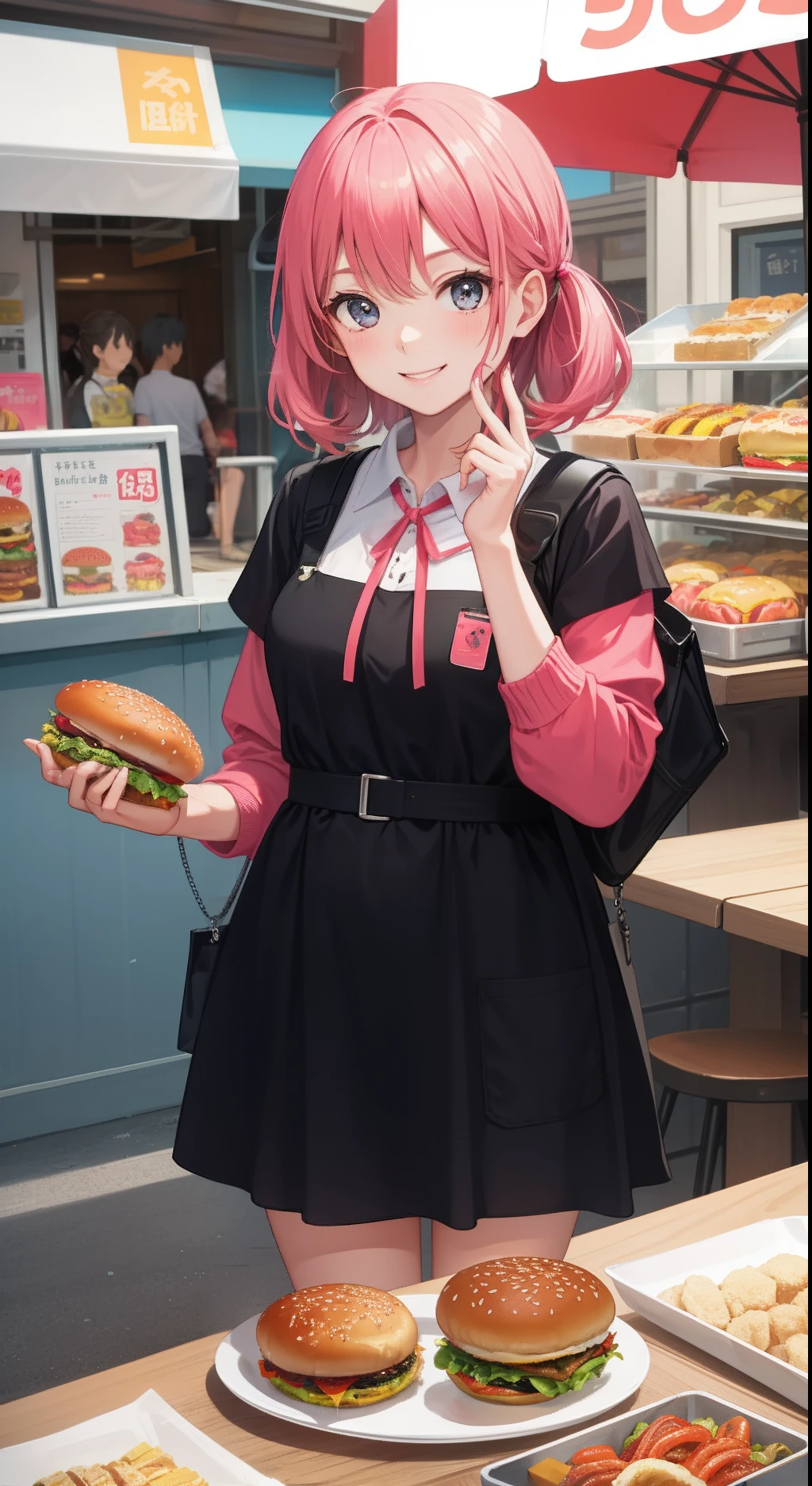 1girl in、AS-Adult、a smile、Vendor at a hamburger shop、