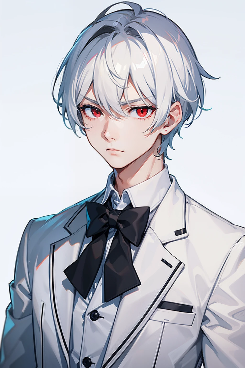 1boy, smart suit, collared white shirt, white haired, eyebags, gloomy, unimpressed, red eyes