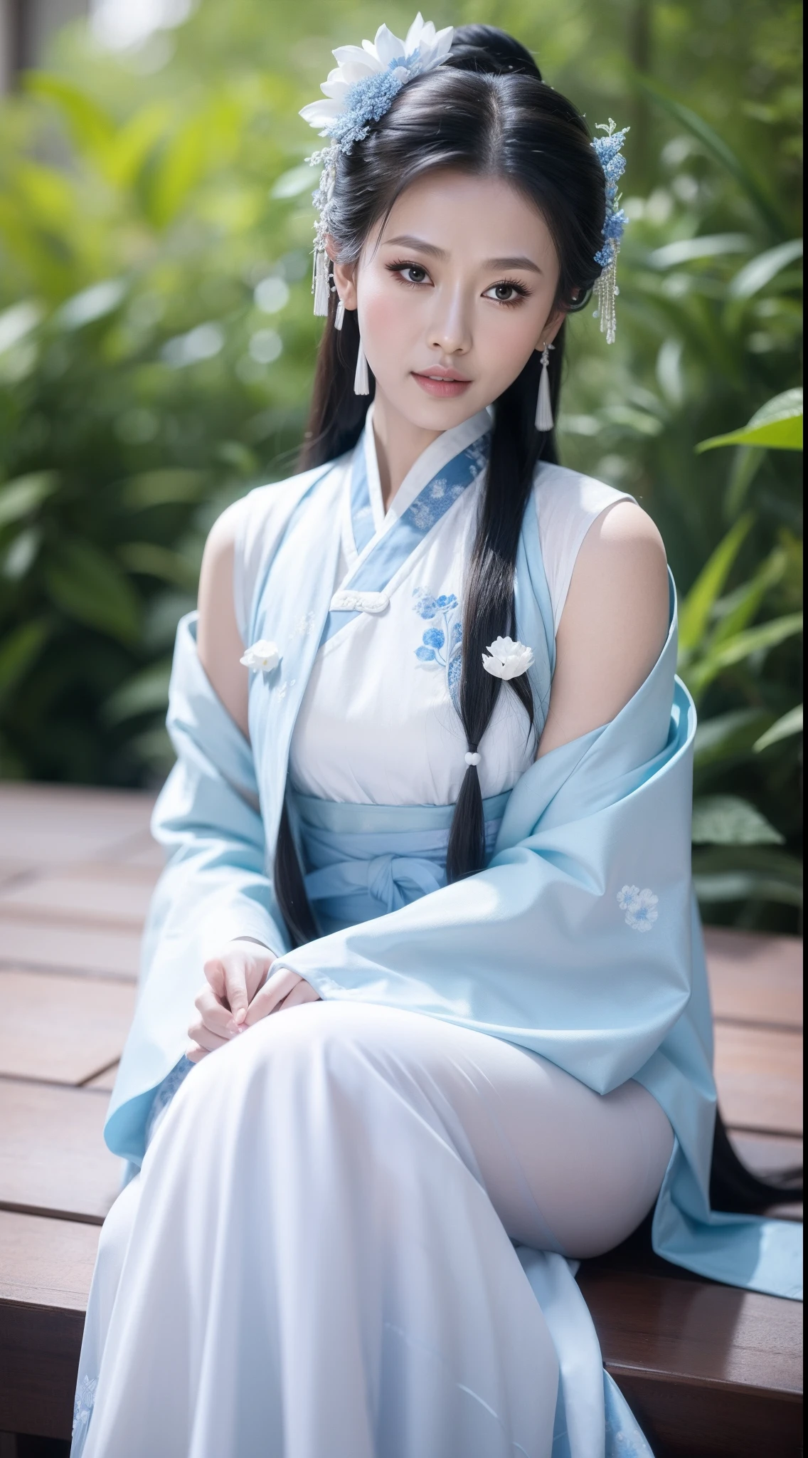 Blue and white porcelain style，Ancient Chinese clothing，The clothing is blue and white motif，ancient china art style，Fashion model 18 years old [[[[closeup cleavage]]]], [[[[boobgasm]]]], [[[[coll]]]], [[[[bshoulders]]]], perfect  eyes, Perfect iris，Perfect lips，perfect teeth，Perfect skin，with fair skin，Soft front light，hdr，Movie girl，long whitr hair，The expression was melancholy，The background is outdoor，White powder wall，Light blue flowers，4K Ultra HD, 超高分辨率, (Photorealistic: 1.4), Best quality，Masterpiece，Utra dilution，（pastel colour：1.2）