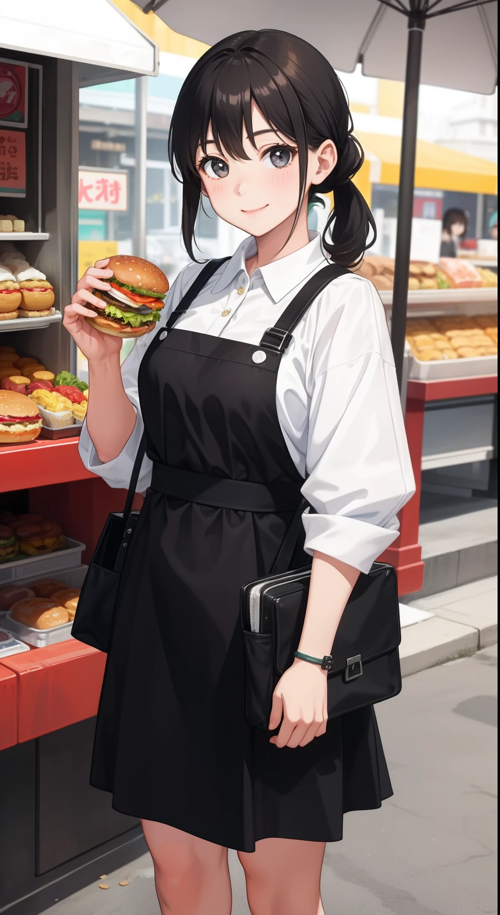 1girl in、AS-Adult、a smile、Vendor at a hamburger shop、