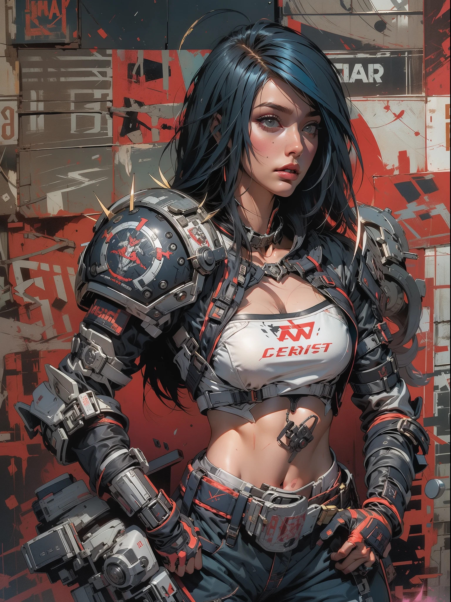 (((mulher))), (((melhor qualidade))), (((obra prima))), (((adulto))), (((1girl))), ((( corte de cabelo bob ))), Uma gladiadora cyberpunk mulher de 25 anos com corpo perfeito, shoulder pads with metal spines, Gladiadores do Brooklyn, (( corte de cabelo bob )), tiny leather panties, camiseta de time de rugby rasgada, quase nua no estilo selvagem urbano de Simon Bisley para a capa da revista Heavy Metal, Cabelo loiro curto, Minimum clothing, Metal protection on the left arm with intricate graphics, Dark red with white stars and white and navy blue checkerboard pattern, armadura, cheio de pontas e rebites, (((do joelho pra cima))), cabelos loiro branco curto, no fundo uma parede pintada por Shepard Fairey com um design intrincado