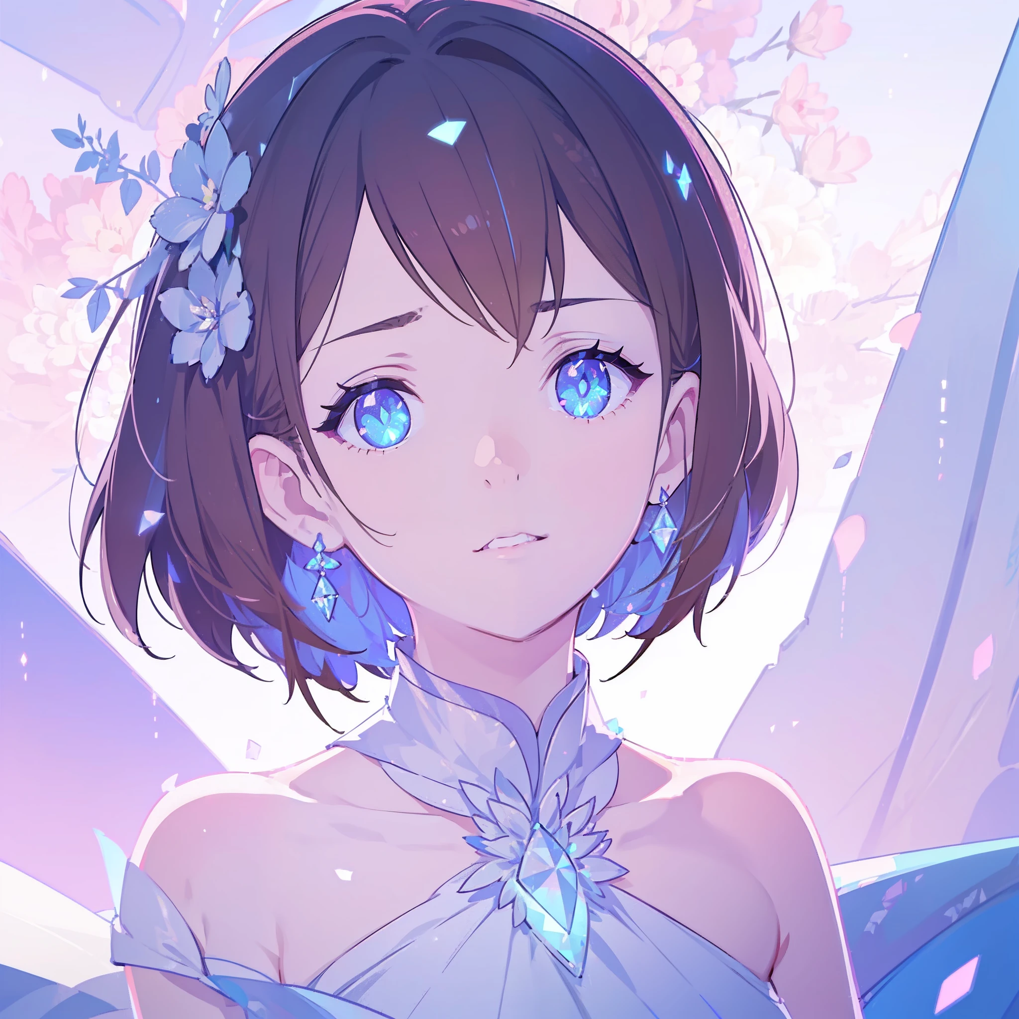masterpiece, best quality, illustration, sax blue, platinum earrings, platinum necklace, white dress, 1girl, cute, (dynamic lighting:1.2), cinematic lighting, delicate facial features, detailed eyes, sharp pupils, realistic pupils, depth of field, bokeh, sharp focus, (hyper-detailed, bloom, glow:1.4), many small gems, brown hair, tan skin