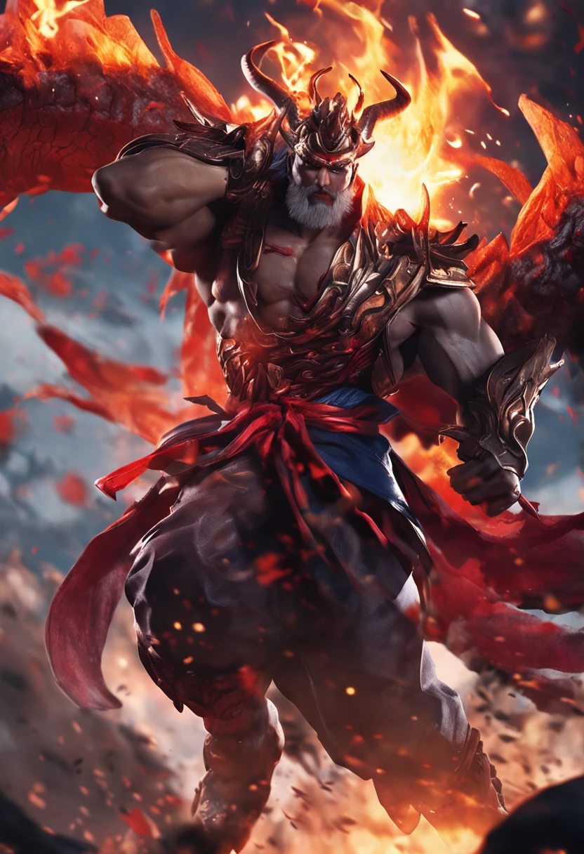 half dragon, man, horned, kimono, male, masterpiece, rpg, fire, league of legends splash art, pose, serious, red eyes, splash art, beautiful face