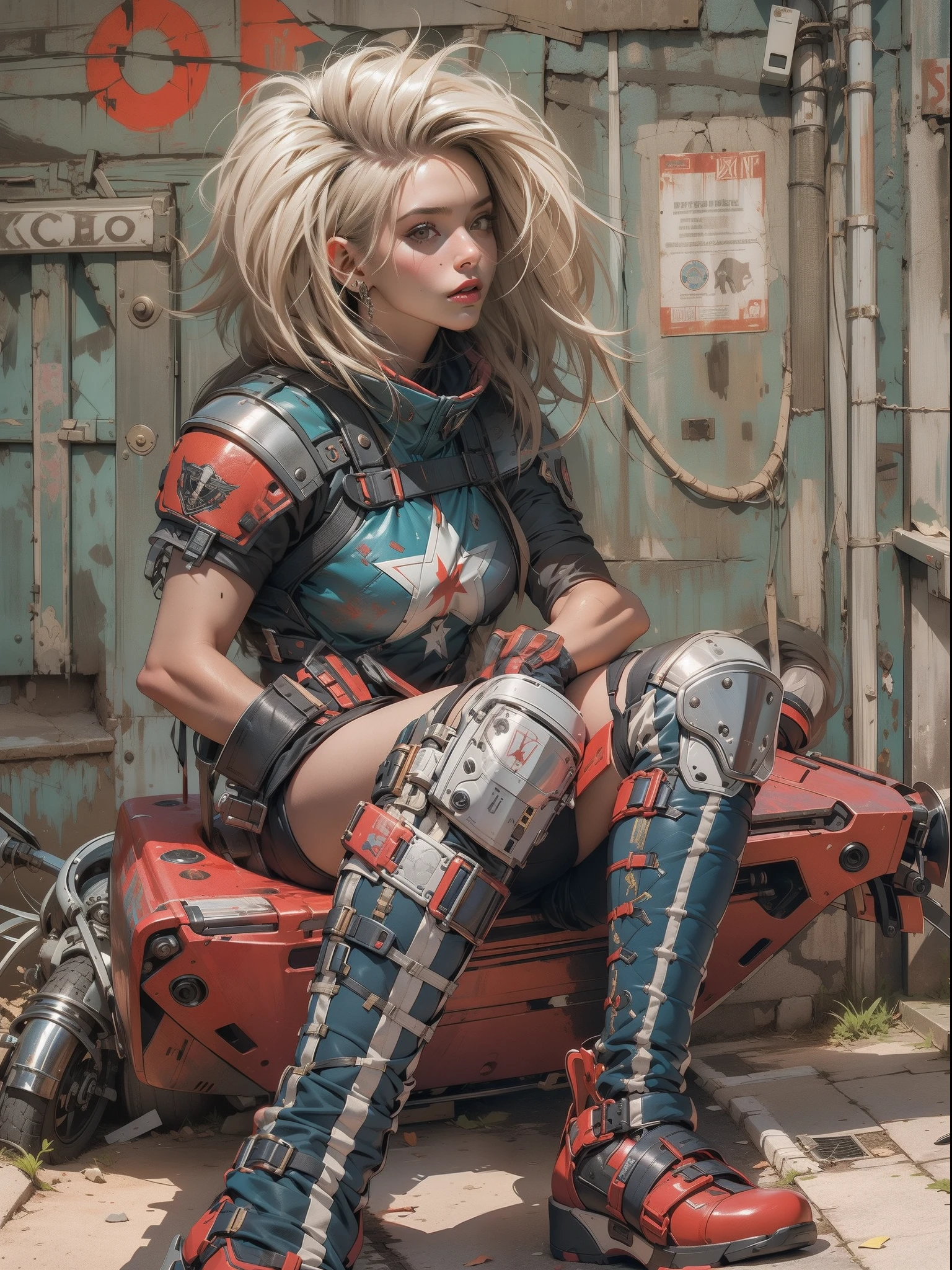 (((mulher))), (((melhor qualidade))), (((obra prima))), (((adulto))), (((1girl))), ((( corte de cabelo bob ))), Uma gladiadora cyberpunk mulher de 25 anos com corpo perfeito, shoulder pads with metal spines, Gladiadores do Brooklyn, (( corte de cabelo bob )), tiny leather panties, camiseta de time de rugby rasgada, quase nua no estilo selvagem urbano de Simon Bisley para a capa da revista Heavy Metal, Cabelo loiro curto, Minimum clothing, Metal protection on the left arm with intricate graphics, Dark red with white stars and white and navy blue checkerboard pattern, armadura, cheio de pontas e rebites, (((do joelho pra cima))), cabelos loiro branco curto, no fundo uma parede pintada por Shepard Fairey com um design intrincado