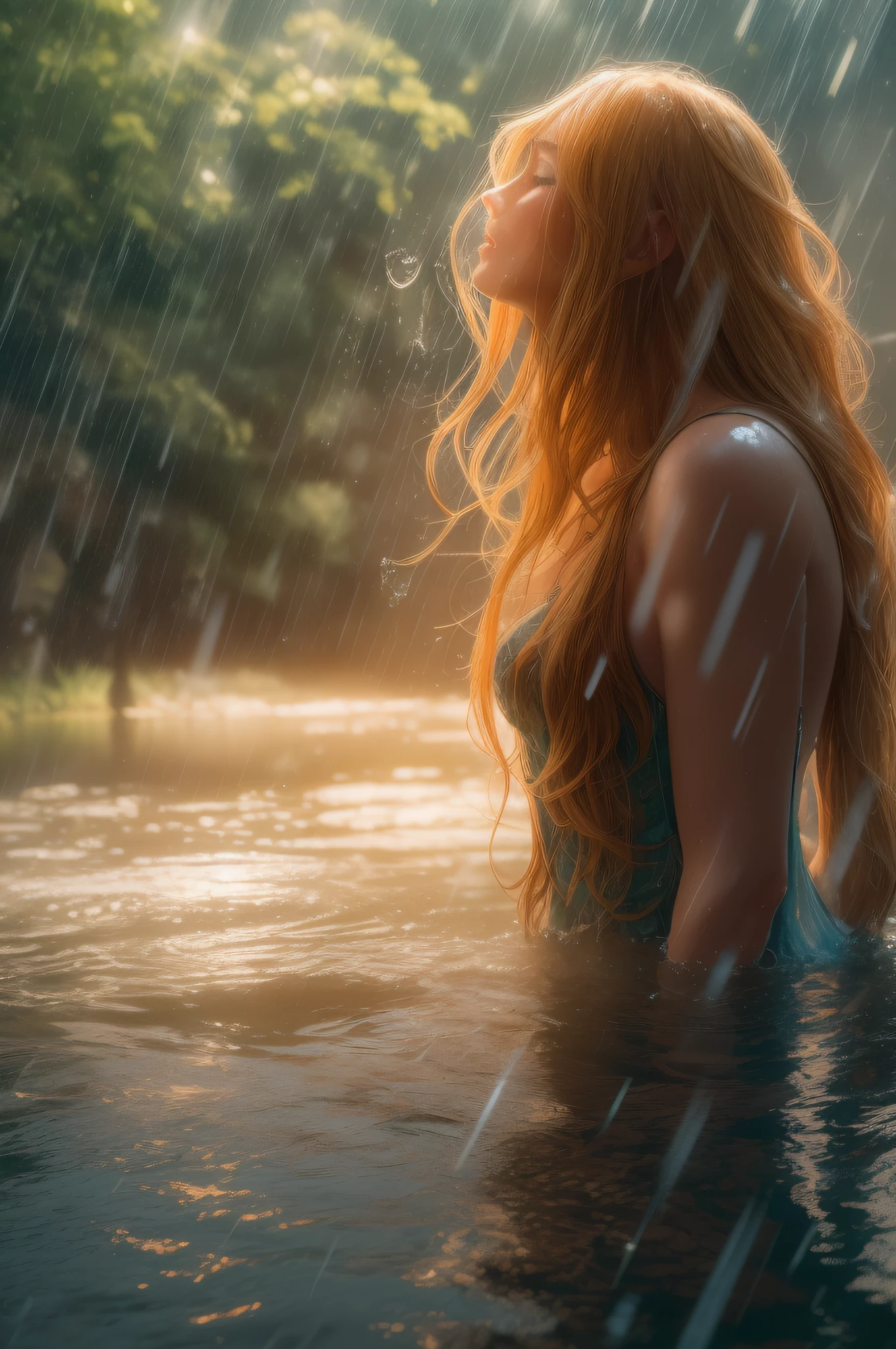 A naked blond-haired Amazon, professional photography, natural lighting, volumetric lighting maximalist photo illustration 8k resolution concept art intricately detailed, complex, elegant, expansive, fantastical, realistic beauty, long red hair, unique eyes, natural beauty, forest, feminine, rain, river bank, sultry beauty, professional portrait, abstract beauty. super detailed photography, Play of light in the sun rain, downpour, ((a drop of water falling from a height onto the surface of the water)), splashes, luminism, intricate, 4k concept art volumetric light, unrealistic engine, global illumination, detailed environment.