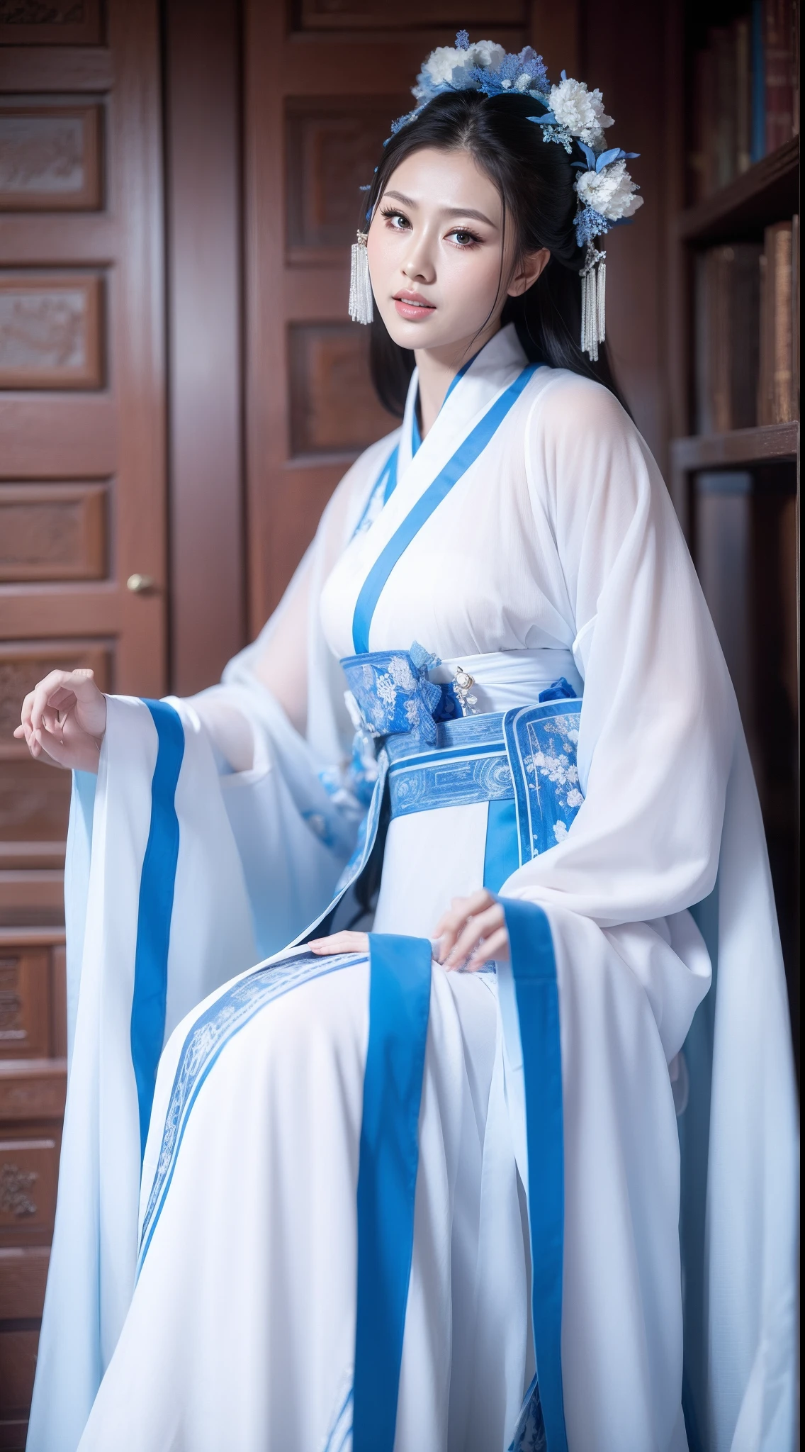 Blue and white porcelain style，Ancient Chinese clothing，The clothing is blue and white motif，ancient china art style，Fashion model 18 years old [[[[closeup cleavage]]]], [[[[boobgasm]]]], [[[[coll]]]], [[[[bshoulders]]]], perfect  eyes, Perfect iris，Perfect lips，perfect teeth，Perfect skin，with fair skin，Soft front light，hdr，Movie girl，long whitr hair，The expression was melancholy，The background is outdoor，Light blue flowers，4K Ultra HD, 超高分辨率, (Photorealistic: 1.4), Best quality，Masterpiece，Utra dilution，（pastel colour：1.2）