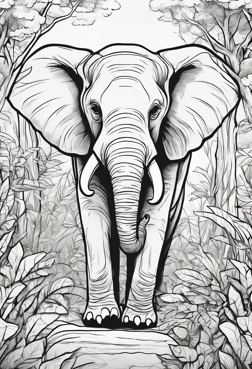 coloring book of a elephant in the forest, cartoon style, thick lines, no color, white background , strokes only