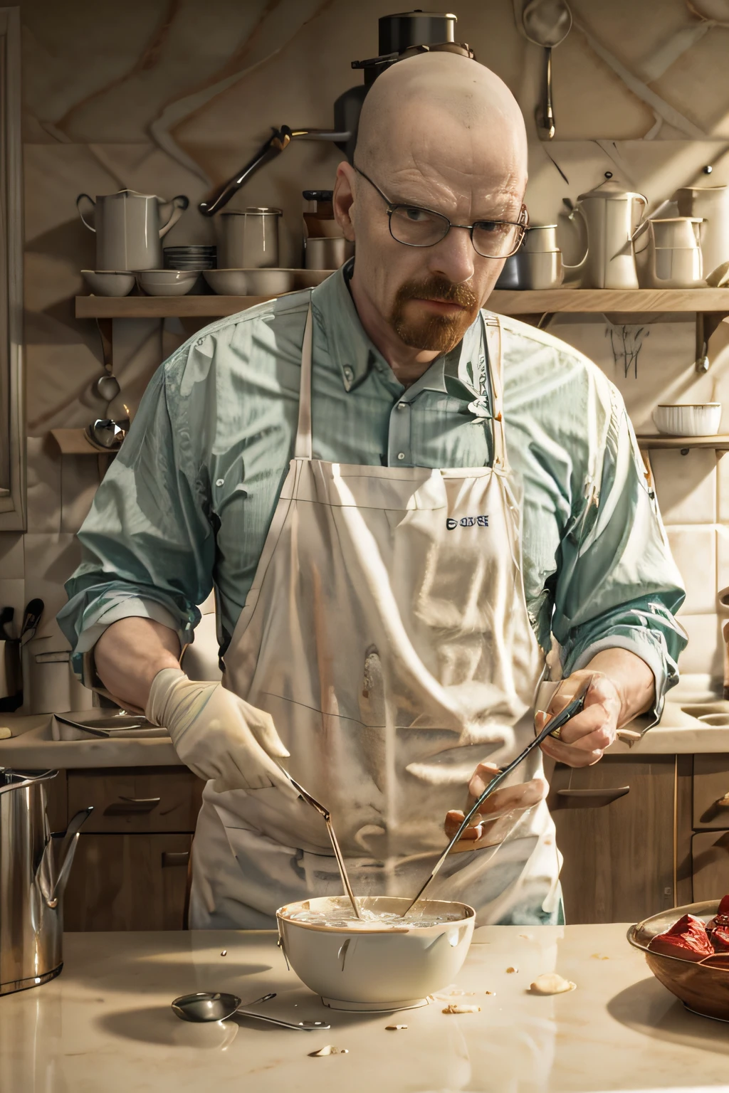 Walter white stirring a bowl of pancake batter, on the kitchen counter , 3d render,24fps, realistic, highly detailed, hyper detailed,4k, photo realistic
