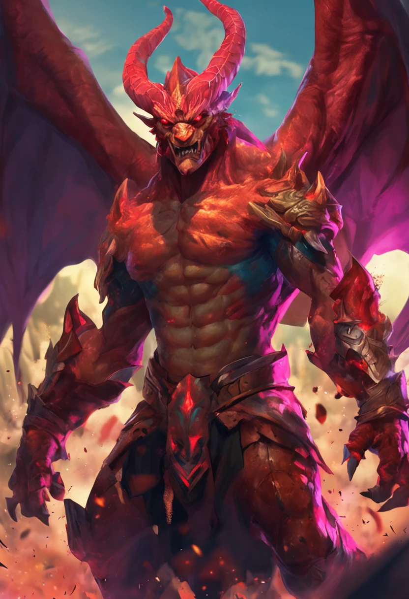 half dragon, Man, horned, quimono, macho, master part, RPG, fire, League of Legends arte splash, Posar, Serious, olhos vermelhos, arte splash, beautiful face