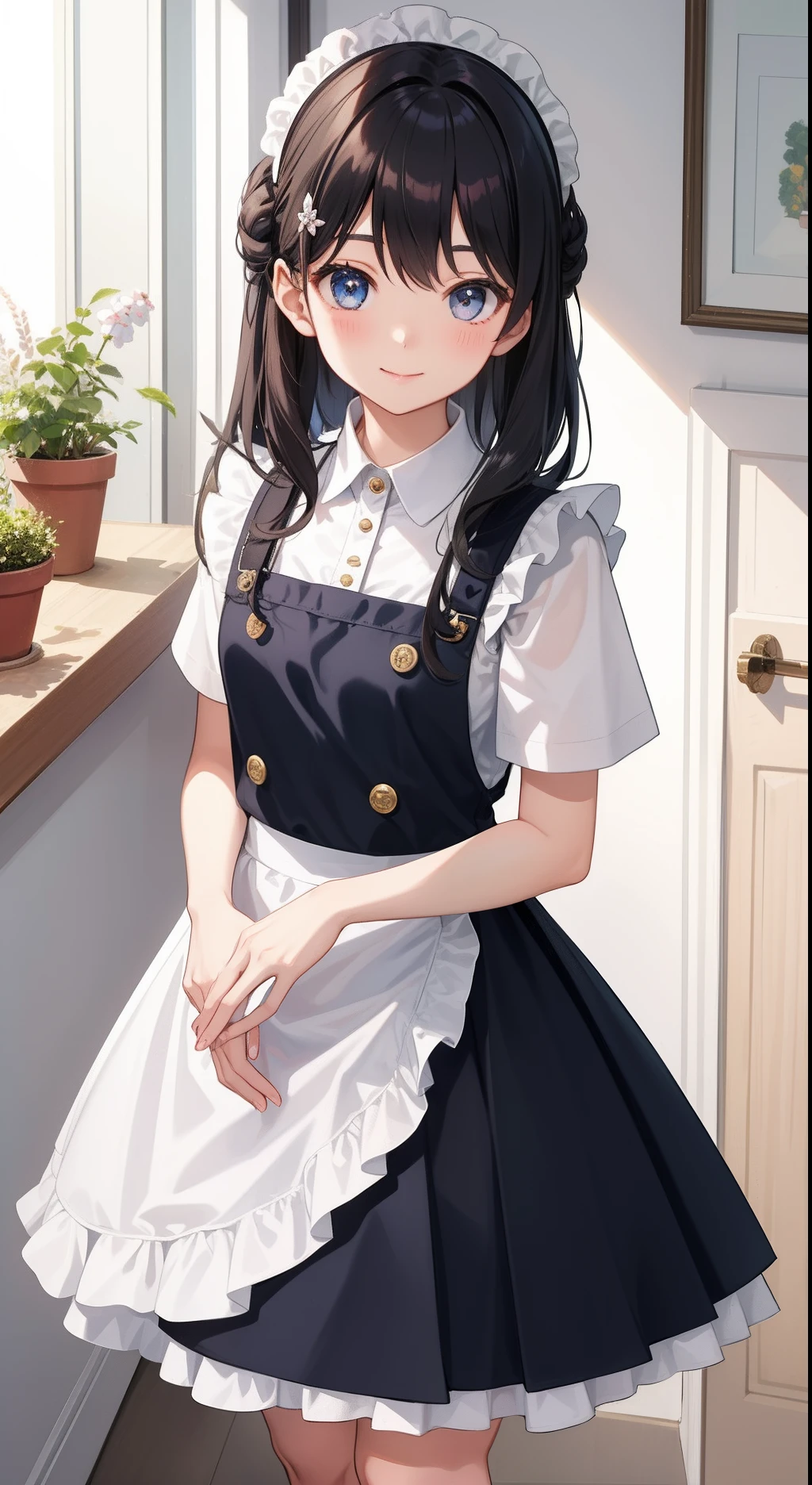 1girl in、AS-Adult、A smile、The shirt、skirt by the、pinafore、hair adornments、(Maids)、