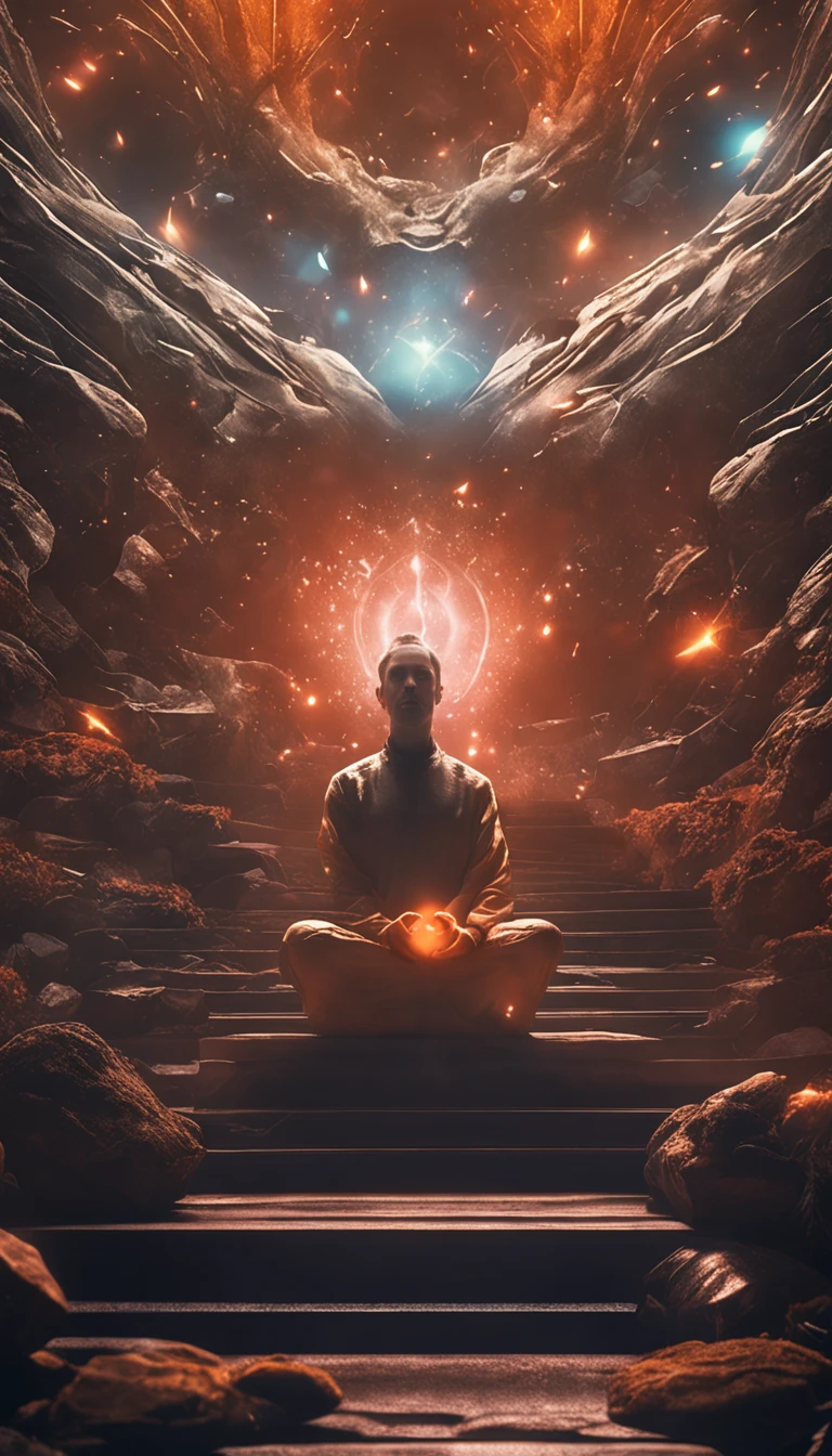 A cinematic figure in meditation, surrounded by natural elements and lighting symbols, transmitindo a ideia de profundidade, Self-conscious reflection
