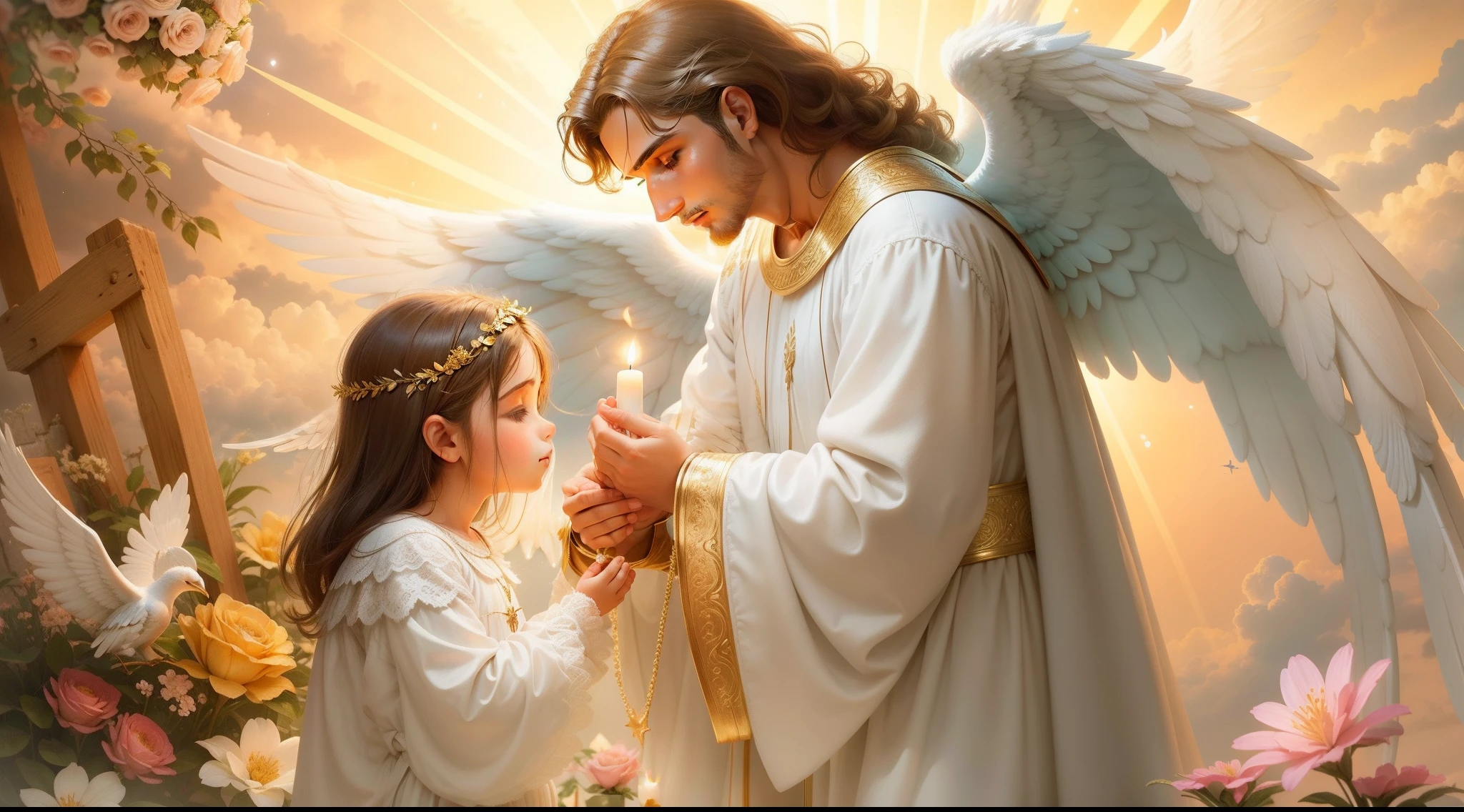 Close up de uma imagem do homem anjo, Archangel St. Raphael praying and blessing a child, com belas asas grandes e bonitas, perfeito, Reslistic, Biblical setting, celestial scenery, sol e nuvens ultras realistas, scenery with flowers and candles, Archangel Raphael illuminated from heaven, flores coloridas, velas acesas, Archangel St. Raphael blessing a child, a child at your feet, A man archangel St. Raphael, um anjo bonito e majestoso. The angel is above and the child is below looking at the archangel St. Raphael, arcanjo rafael realista