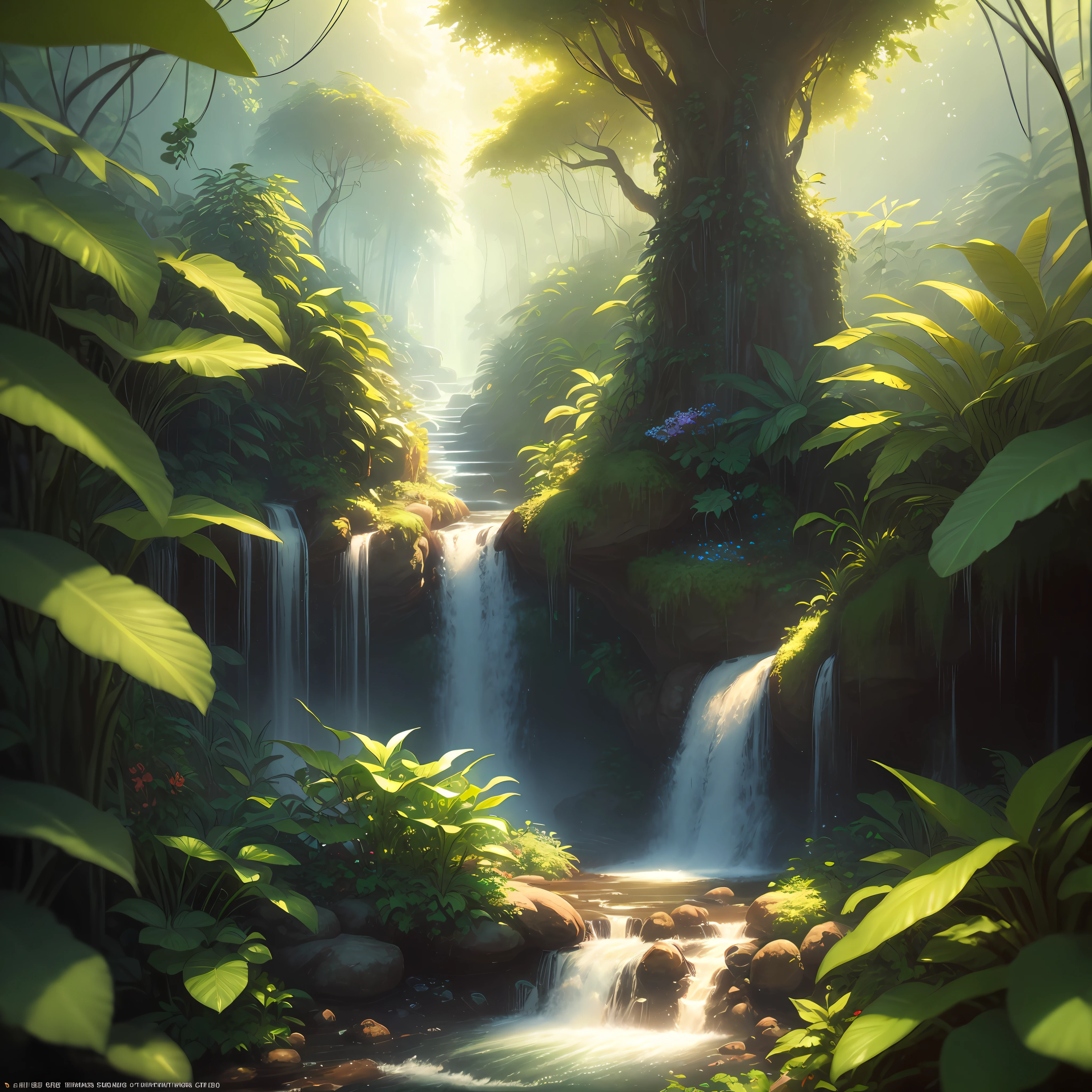A jungle, sunny, colorful, vines, big trees, fruit trees, a stream with flowers on its edge, masterpiece, best quality, high quality, extremely detailed 8k CG wallpaper, oil painting, award-winning photography, Bokeh, Depth of Field, HDR, bloom, chromatic aberration, photorealistic, extremely detailed, trend in artstation, trend in CGsociety, intricate, high detail, dramatic, art in the middle of the journey,  volumetric lighting. Image size: 960 x 536