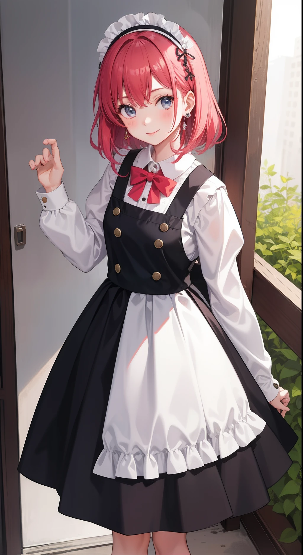 1girl in、AS-Adult、A smile、The shirt、skirt by the、pinafore、hair adornments、(Maids)、