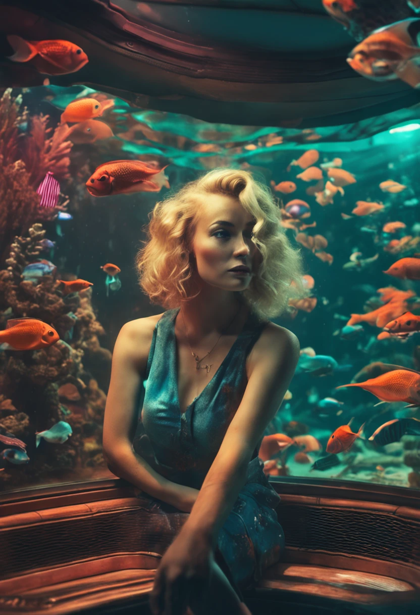 A portrait of a blonde woman in the aquarium, no estilo de um filme retrofuturista, Lofi steampunk, Estilizado, Cinematic Spotlight, Realistic, altamente detalhado, master part, Directed by: Albert Robida