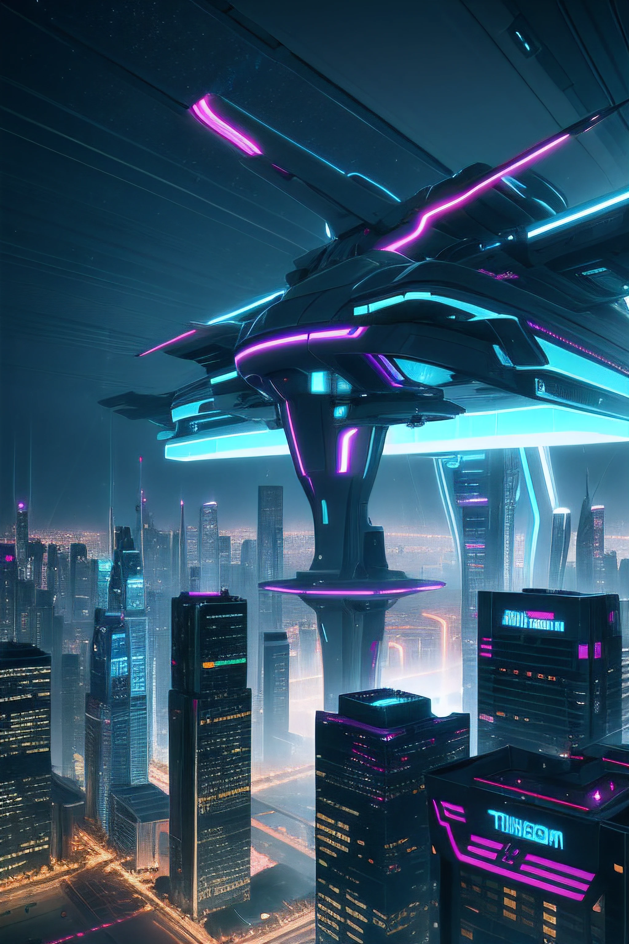 Create an aerial image of a futuristic city, Full of futuristic buildings with highly stylized designs that defy gravity. With flying transport vehicles. Todo en tonos azules, Green and purple in the rain with flashes of neon and durable style. hiperrealista, 8k