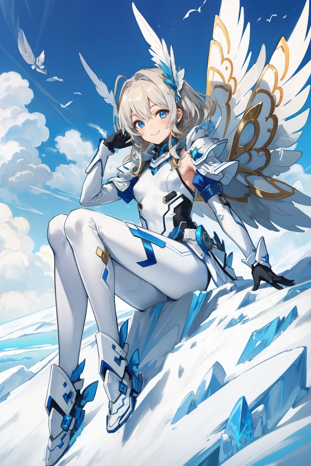(master piece, Best Quality), Intricate details, valkyrie, kawaii, (((smile))), Hand up, Looking at Viewer, Feather Headgear, Flower meadow, (((flat breast))) on top of the clouds, sitting
1 girl in, Solo, Portrait, Plutinum Blonde Hair, drooping iceblue eyes, Silver Single Thigh, White Independent Single Sleeve, iceblue gloves, Single braid,
mecha musume, White bodysuit, Silver Reinforced Suit, Mini Feather Wings, iceblue pantyhose, full armor, flower decoration, equip sword,