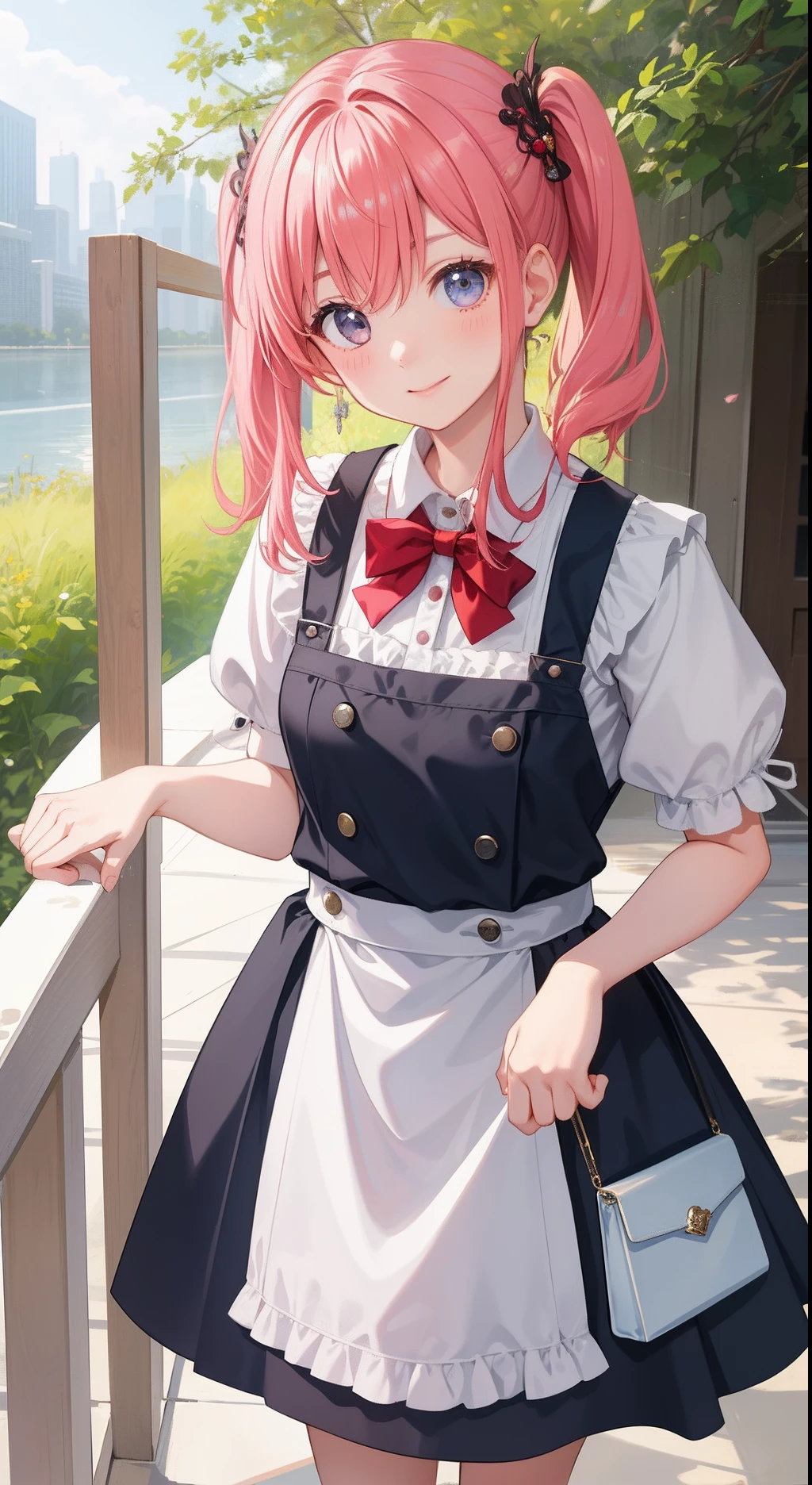 1girl in、AS-Adult、A smile、The shirt、skirt by the、pinafore、hair adornments、(Maids)、