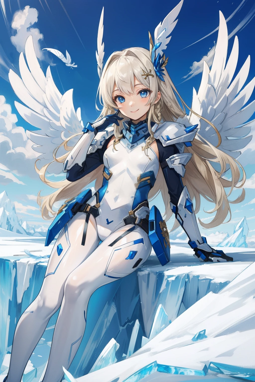 (​master piece, Best Quality),  Intricate details, valkyrie, kawaii, (((smile))), Hand up, Looking at Viewer, Feather Headgear, Flower meadow, (((flat breast)))  on top of the clouds, sitting
1 girl in, Solo, Portrait, Plutinum Blonde Hair, drooping iceblue eyes, Silver Single Thigh, White Independent Single Sleeve, iceblue gloves, Single braid, 
 mecha musume, White bodysuit, Silver Reinforced Suit, Mini Feather Wings, iceblue pantyhose, full armor, flower decoration, equip sword,