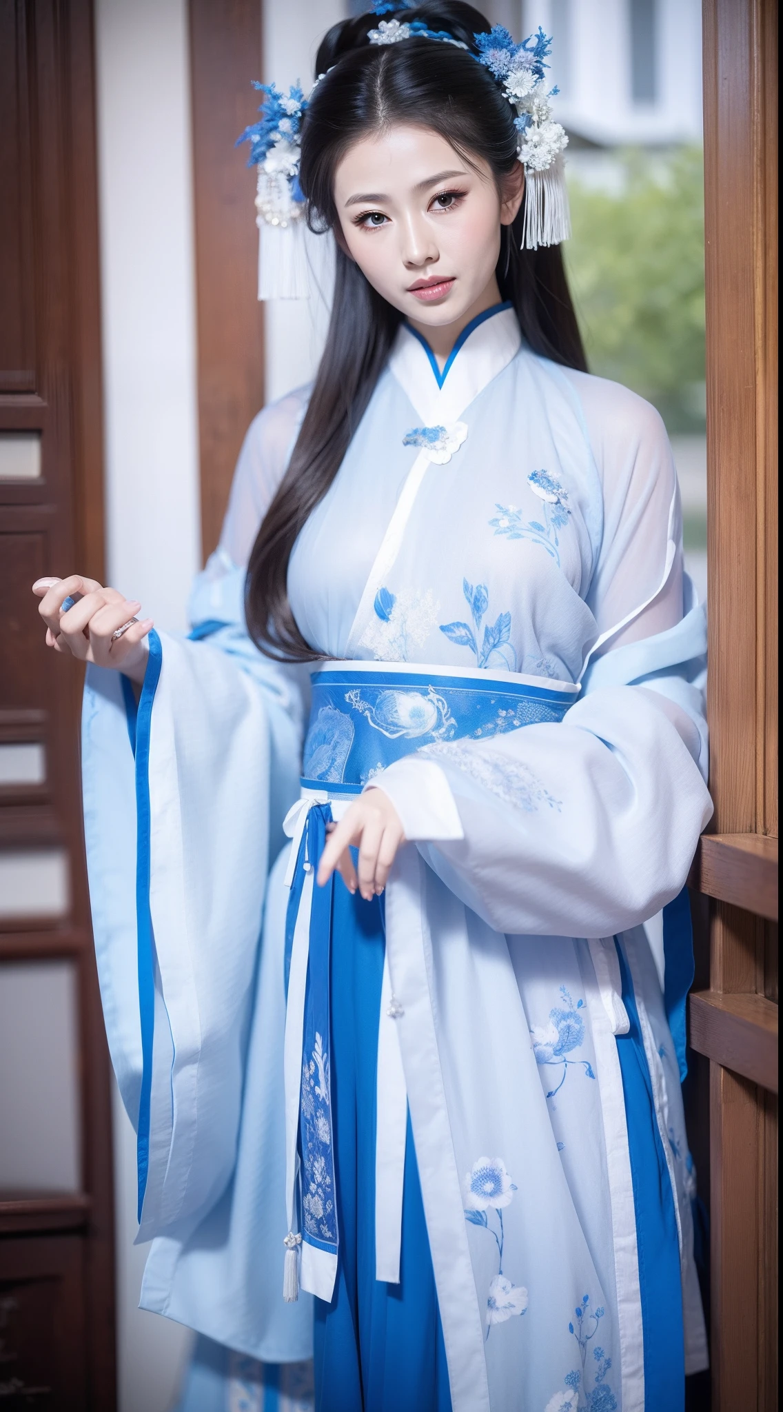 Blue and white porcelain style，Ancient Chinese clothing，The clothing is blue and white motif，ancient china art style，Fashion model 18 years old [[[[closeup cleavage]]]], [[[[boobgasm]]]], [[[[coll]]]], [[[[bshoulders]]]], perfect  eyes, Perfect iris，Perfect lips，perfect teeth，Perfect skin，with fair skin，Soft front light，hdr，Movie girl，long whitr hair，The expression was melancholy，The background is outdoor，Light blue flowers，4K Ultra HD, 超高分辨率, (Photorealistic: 1.4), Best quality，Masterpiece，Utra dilution，（pastel colour：1.2）