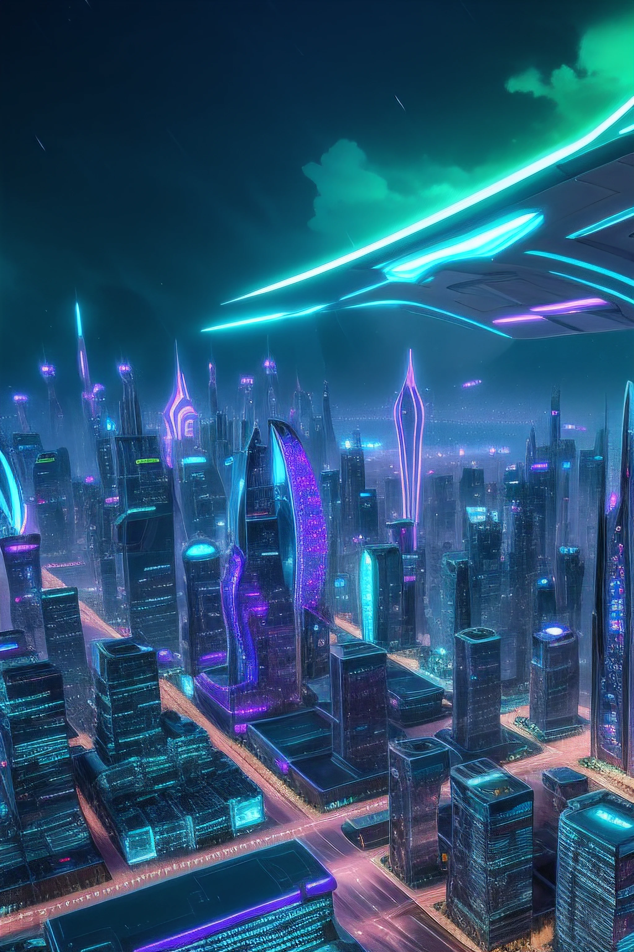 Create an aerial image of a futuristic city, Full of futuristic buildings with highly stylized designs that defy gravity. With flying transport vehicles. Todo en tonos azules, Green and purple in the rain with flashes of neon and durable style. hiperrealista, 8k