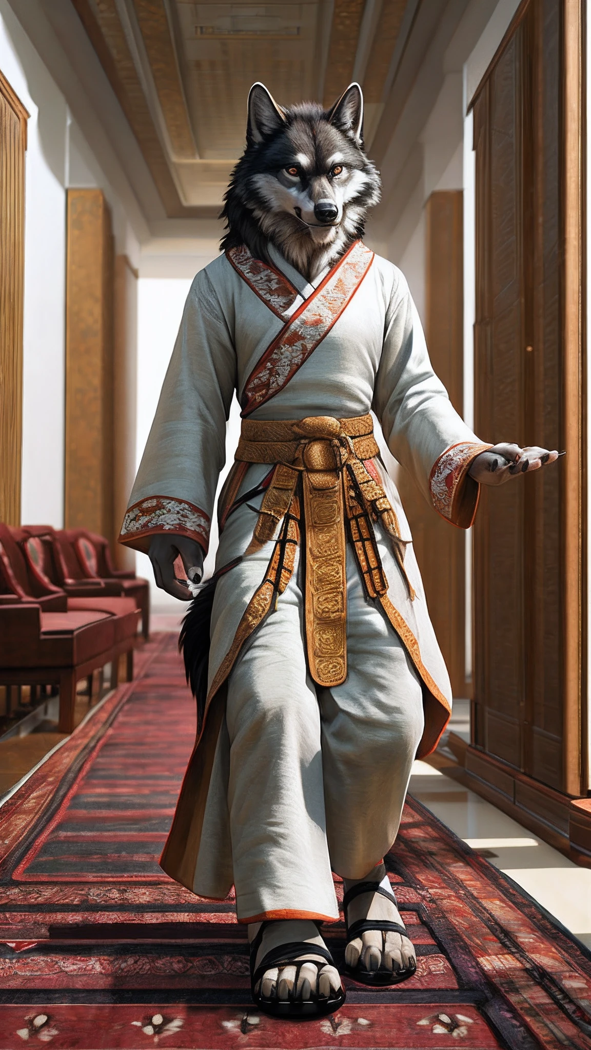 Bionic wolf，female，White Hanfu，sandals，Children，Standing on the carpet in the hotel，HD graphics，Detailed and realistic，high detal，high qulity，photo-realistic，photorealistic eye，Detailed paws，Clear eyes，Masterpiece artwork，Five-fingered hands，top-quality，32k，hyper HD