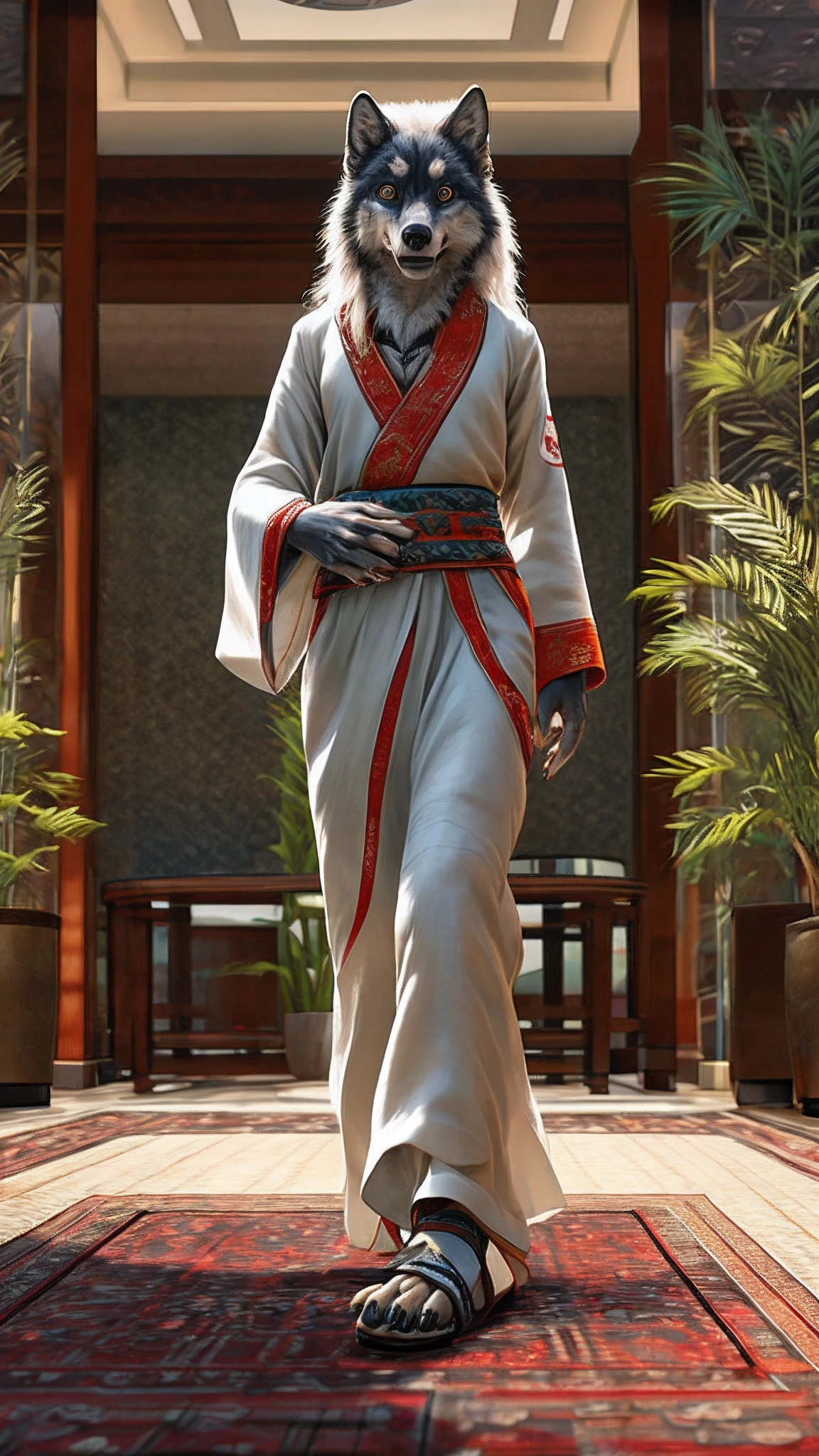 Bionic wolf,female,White Hanfu,sandals,Children,Standing on the carpet in the hotel,HD graphics,Detailed and realistic,high detal,high qulity,photo-realistic,photorealistic eye,Detailed paws,Clear eyes,Masterpiece artwork,Five-fingered hands,top-quality,32k,hyper HD