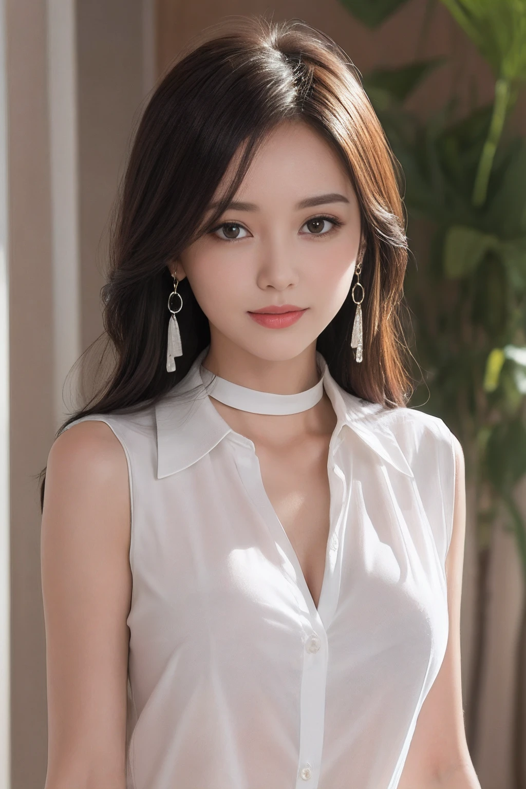 ((Best Quality, 8K, masutepiece: 1.3)), sharp: 1.2, Perfect Body Beauty: 1.4, Slim abs: 1.2, ((Layered hairstyle, Big breasts: 1.2)), cleavage, (Long shirt without buttons in light white: 1.1), Highly detailed facial and skin texture, Detailed eyes, Double eyelids, side face looking at the camera, Innocent, (Arrousted: 1.3)、lovely smile、large earring、sleeveless、See-through shirt with collar、Longhaire、