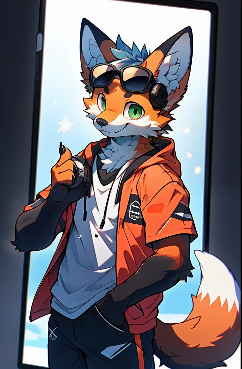 depth of fields,perfect lighting,light particles,(best quality),(tmasterpiece),(Ultra - Detailed),sharp focus,light particles,Niji,fox,male,Eyes of God,green_eye,Looking_in_viewer,smile r,so little,fluffy,bug_ear_fluff,open sky_Swimwear,Cemtura crossed with one hand,upper body,crown,short sleeve shirt,,sunrays,soft smile,from below,with headphones (fox, fluffy, anthropomorphic) , male , best quality, human-like body figure), looking at viewer in orange hoodie and fox sunglasses, avatar image, with futuristic outfit, CGSetnation ),like, professional artwork, CGsociety - W 1 0 2 4 - N 8 - I,The name is Kan, your name is Kan