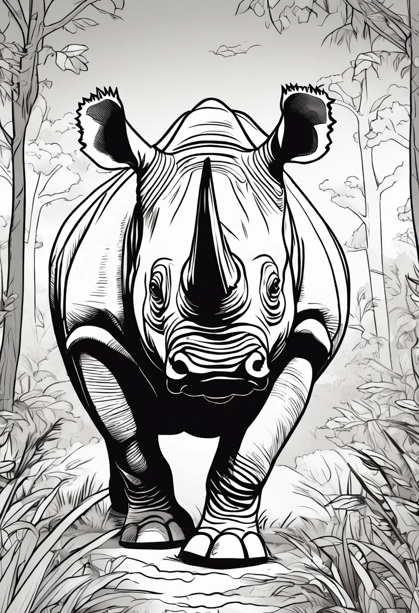 coloring book of a rhinoceros in the forest, cartoon style, thick lines, no color, white background , strokes only
