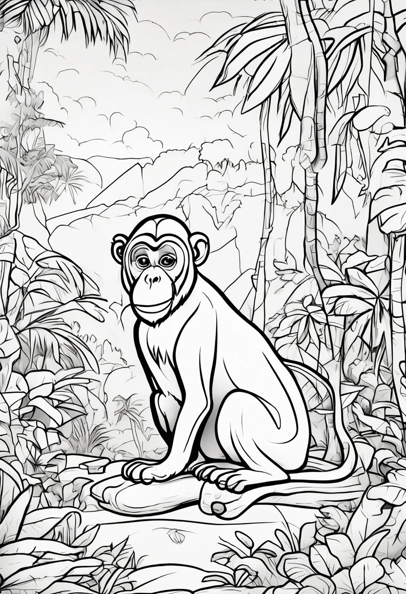 A monkey sitting in the forest, line art, cartoon character, 3d style, high-quality, coloring book, hand-drawn, lineart