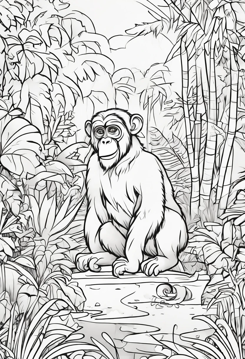 coloring book of a monkey in the forest, cartoon style, thick lines, no color, white background , strokes only