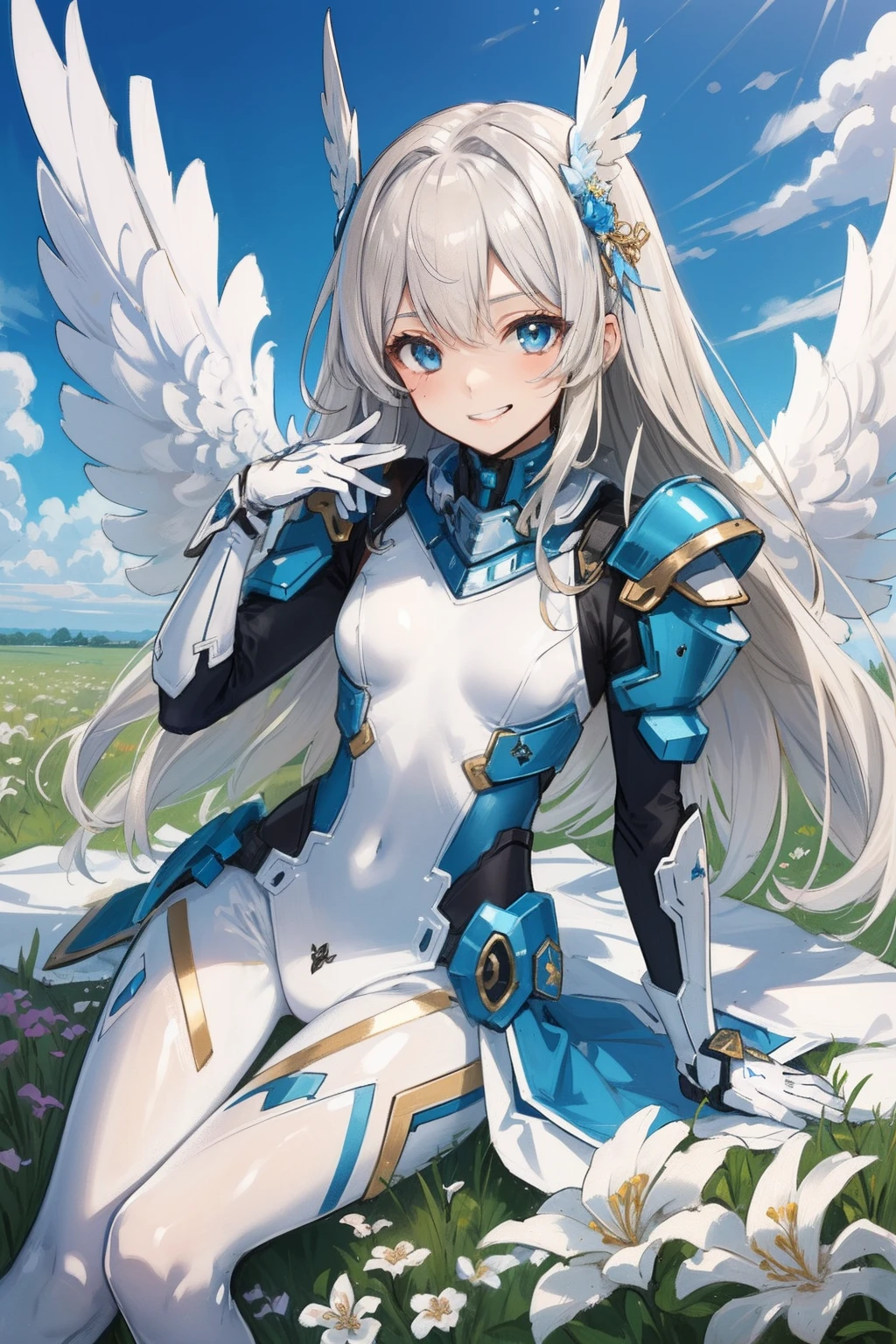 (master piece, Best Quality), Intricate details, valkyrie, kawaii, (((friendly smile))), Hand up, Looking at Viewer, Feather Headgear, Flower meadow, (((flat breast))) on top of the clouds, sitting
1 girl in, Solo, Portrait, Plutinum Blonde Hair, drooping eyes, Silver Single Thigh, White Independent Single Sleeve, gloves, Single braid,
mecha musume, White bodysuit, Silver Reinforced Suit, Mini Feather Wings, pantyhose, full armor, flower decoration, equip sword,