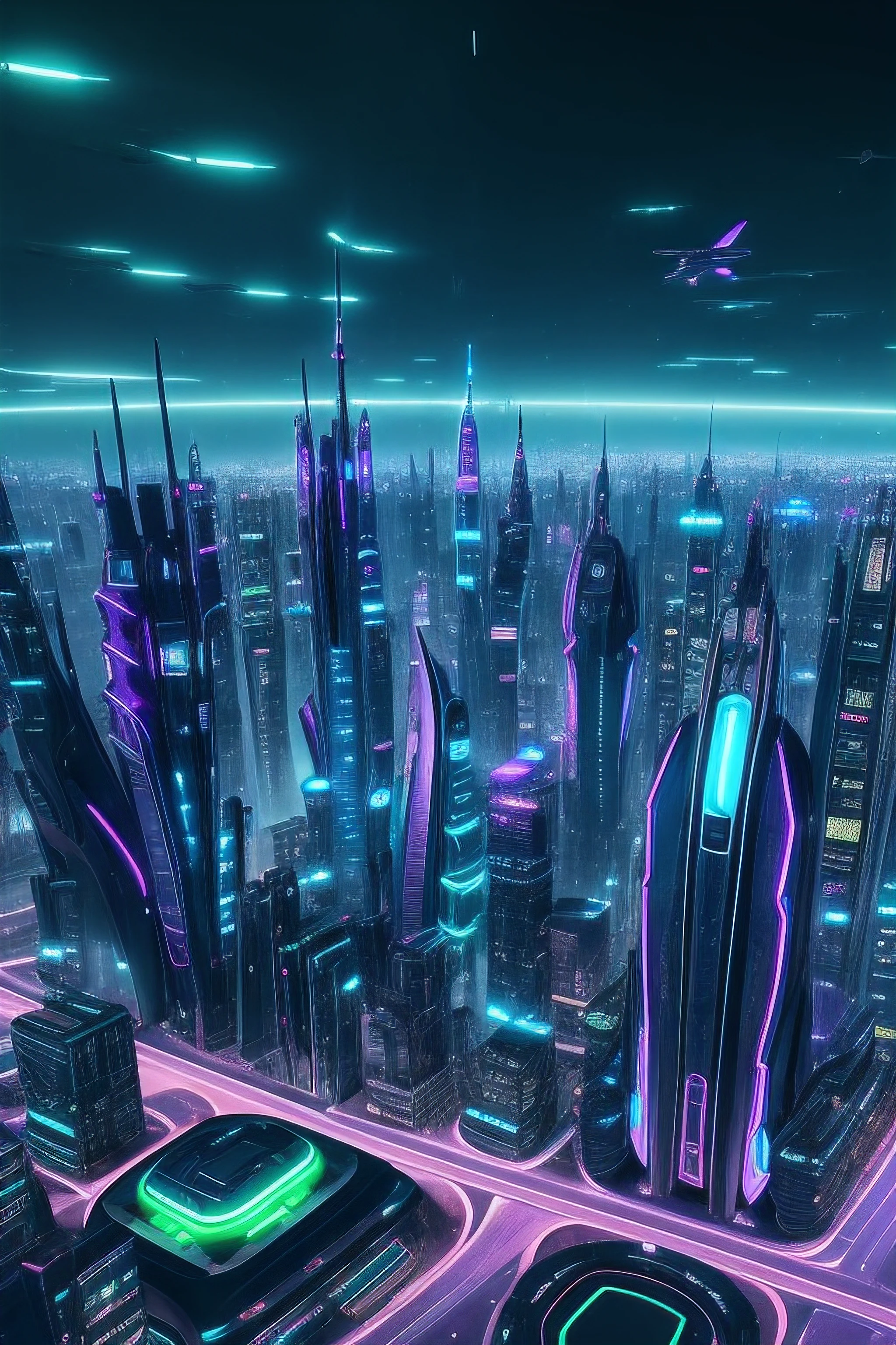 Create an aerial image of a futuristic city, Full of futuristic buildings with highly stylized designs that defy gravity. With flying transport vehicles. Todo en tonos azules, Green and purple in the rain with flashes of neon and durable style. hiperrealista, 8k