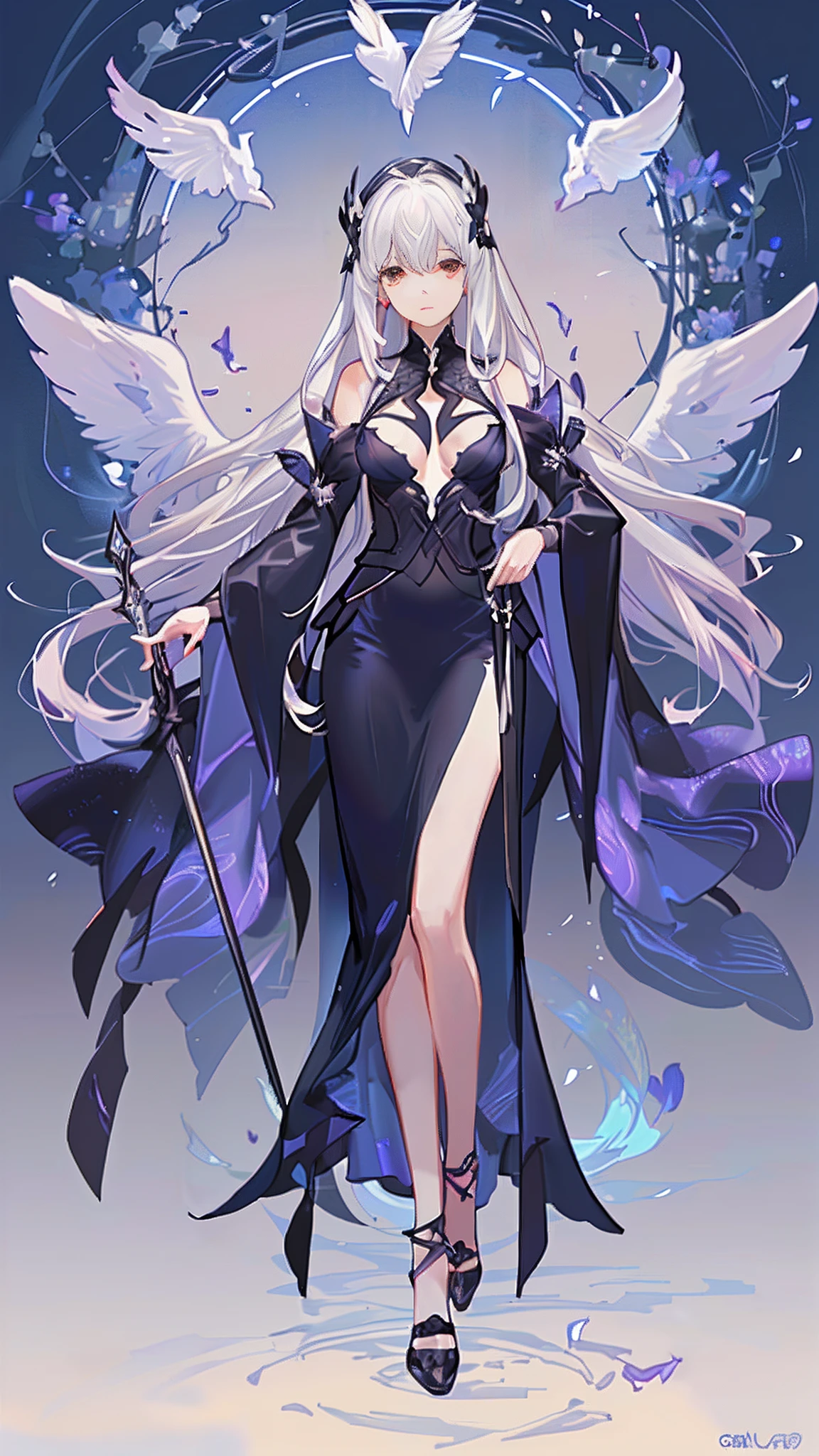 1girl in, 独奏, offcial art, unity 8k wall paper, ultra - detailed, prettify、Aesthetic, tmasterpiece, top-quality, Photorealsitic, A female angel、one white winged、Silver armor、Helmet with feather decoration、Long steel spear、Glowing angel circle、Light magic、depth of fields, Fantastic atmosphere, calm color palette, Tranquil Mood, Soft Shading (zentangle、datura、Tangles、Tangles:0.7) abstract backgrounds、The most beautiful forms of chaos、ellegance、Dark theme designed by brutalists