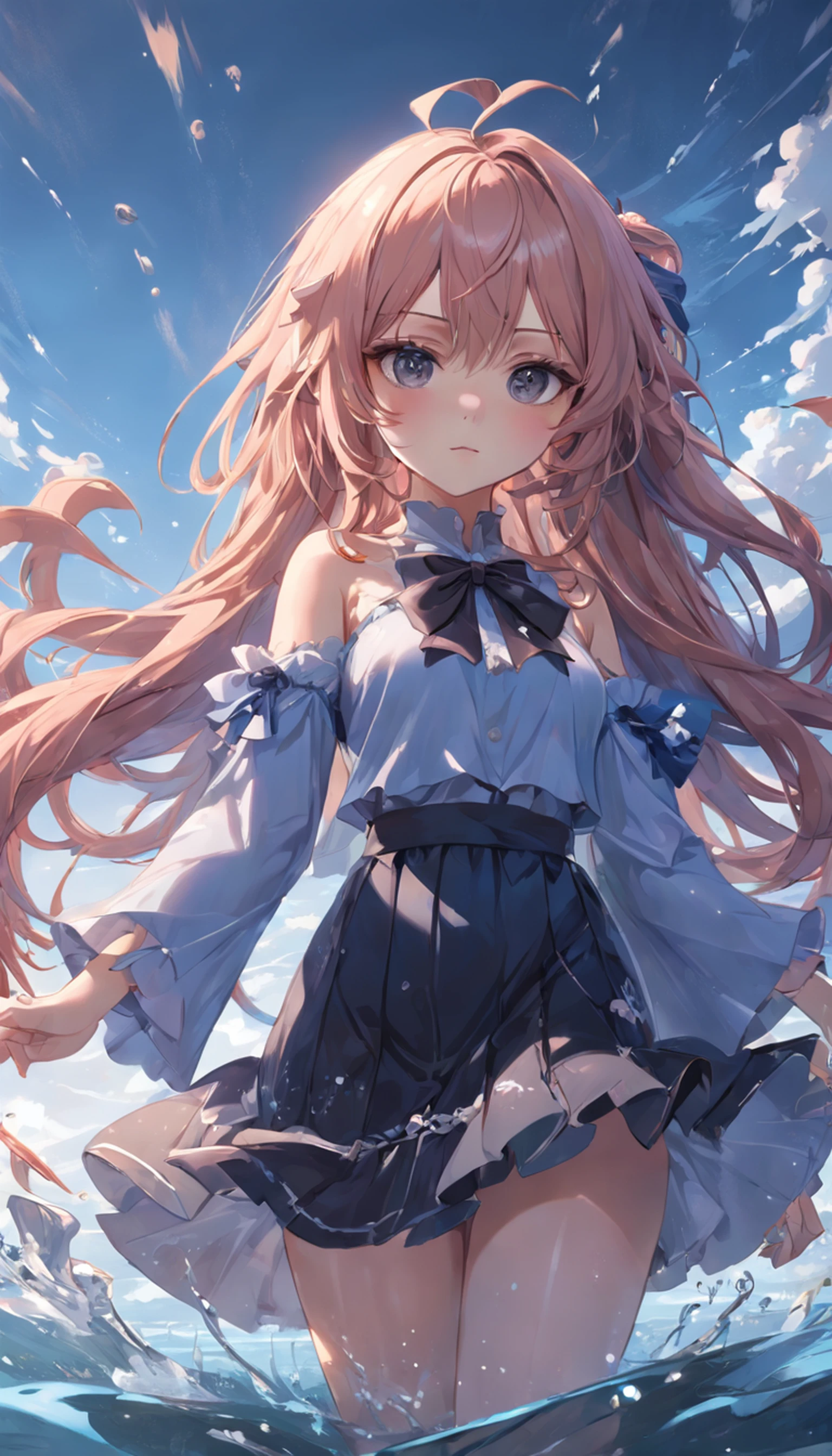(Full body posing:1.5), (extremely detailed CG unity 16k wallpaper:1.1), (Denoising strength: 1.45), (tmasterpiece:1.37), ((ultra-detailed)), ((disheveled hair)), ((frills)), (1 girl), (solo), dynamic angle, big top sleeves, floating, beautiful detailed sky, on beautiful detailed water, beautiful detailed eyes, (fist), expressionless, side blunt bangs, hairs between eyes, ribbons, bowties, buttons, bare shoulders, (((small breast))), detailed wet clothes, blank stare, pleated skirt, flowers, ((illustration)), overexposure, god rays, sparkle, glowing light, ((masterpiece)), (((best quality)))