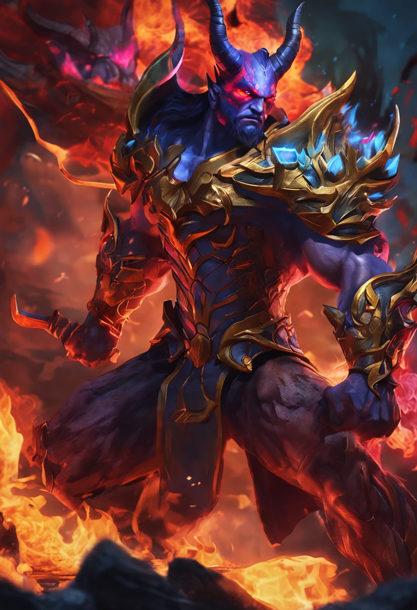 half dragon, Man, horned, quimono, macho, master part, RPG, fire, League of Legends Arte Splash, poser, Serious, Olhos vermelhos, Arte Splash, beautiful face