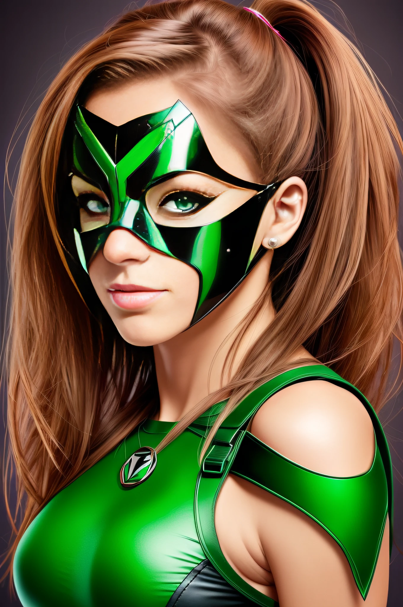 a woman wearing a green superhero mask , com olhos verdes detalhados , boca e nariz de fora, Estilo Retrato,(( cores pasteis estilo revista de quadrinhos))