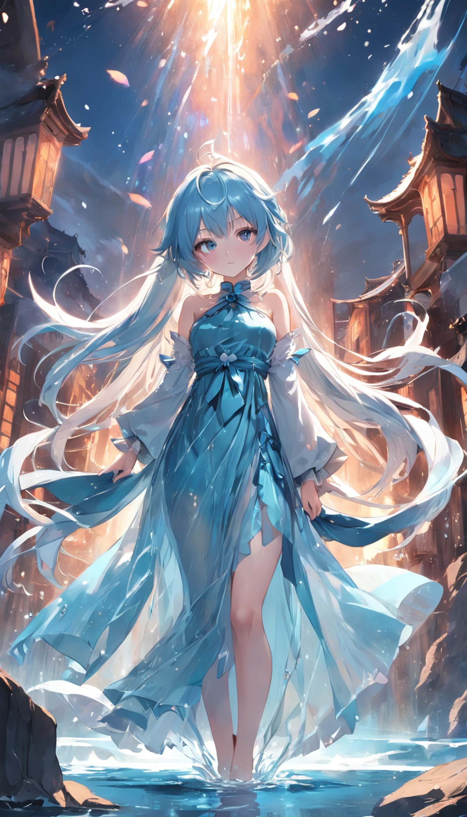 (Full body posing:1.5), (colorful:1.2), Dynamic angle, (extremely detailed CG unity 16k wallpaper:1.1), (Denoising strength: 1.45), (tmasterpiece:1.37), (beautiful detailed girl), beautiful detailed glow, detailed ice, beautiful detailed water, (beautiful detailed eyes), expressionless, (floating palaces), azure hair, disheveled hair, long bangs, hairs between eyes, (skyblue dress), black ribbon, white bowties, midriff, {{{half closed eyes}}}, big forhead, blank stare, flower, large top sleeves, illustration, god rays, sparkle, glowing light, (((masterpiece))), best quality