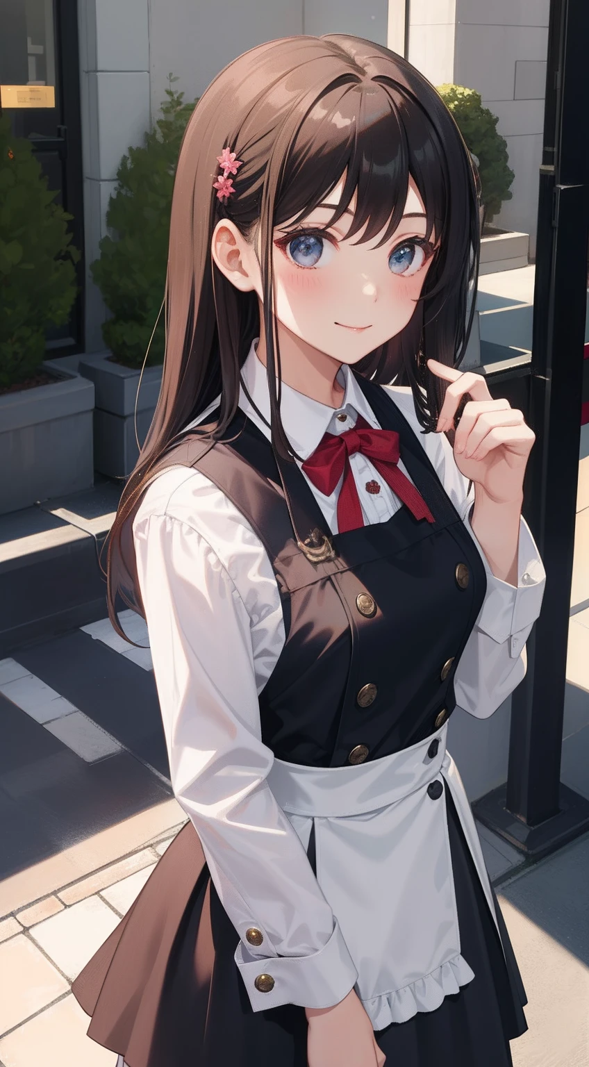 1girl in、AS-Adult、A smile、The shirt、skirt by the、pinafore、hair adornments、(Maids)、