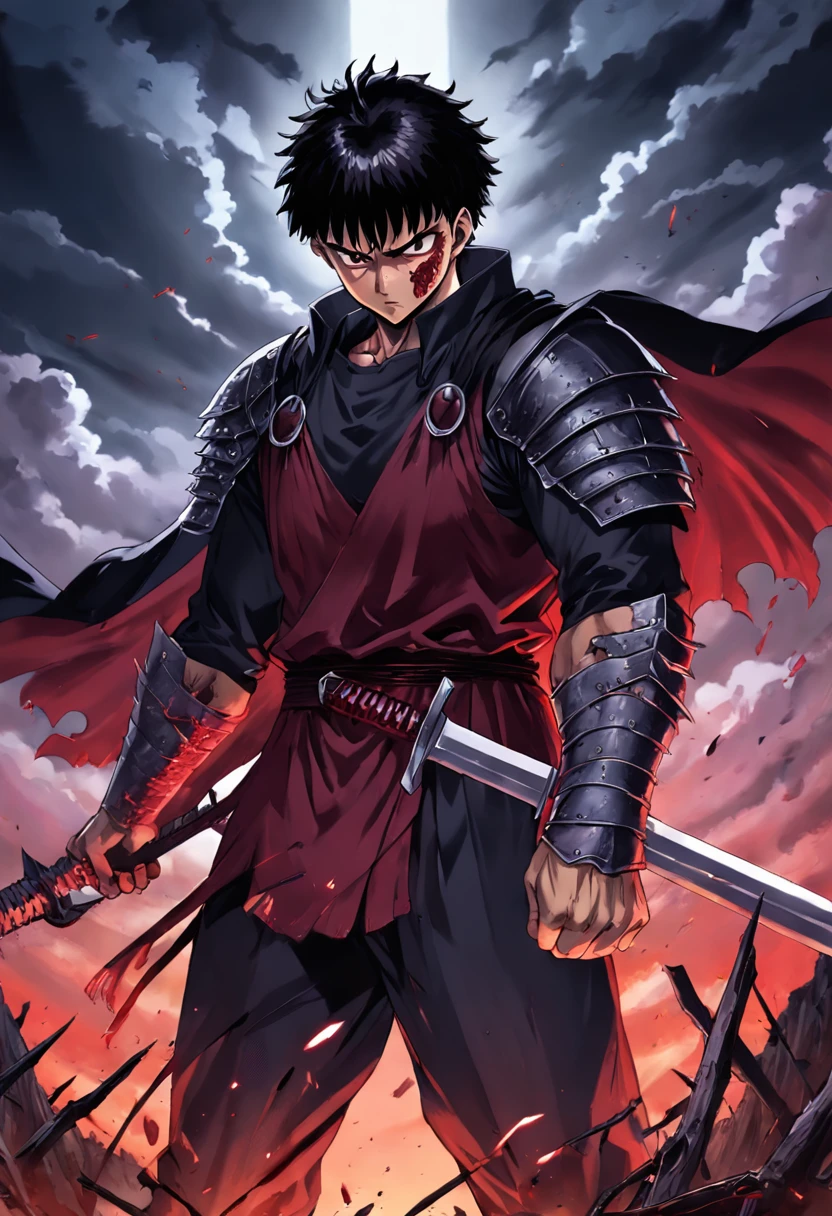 Un dibujo de un hombre con una espada y una armadura, En el manga Berserk, Desde Berserk, Agallas de Berserk, tripas enloquecidas, Retrato de Guts de Berserk, Frantic guts, Estilo de arte Berserk, Manga Berserk, Estilo Berserk, frantic, coraje, Sangre Berserk, Kentaro Miura estilo Manga Art, long hair