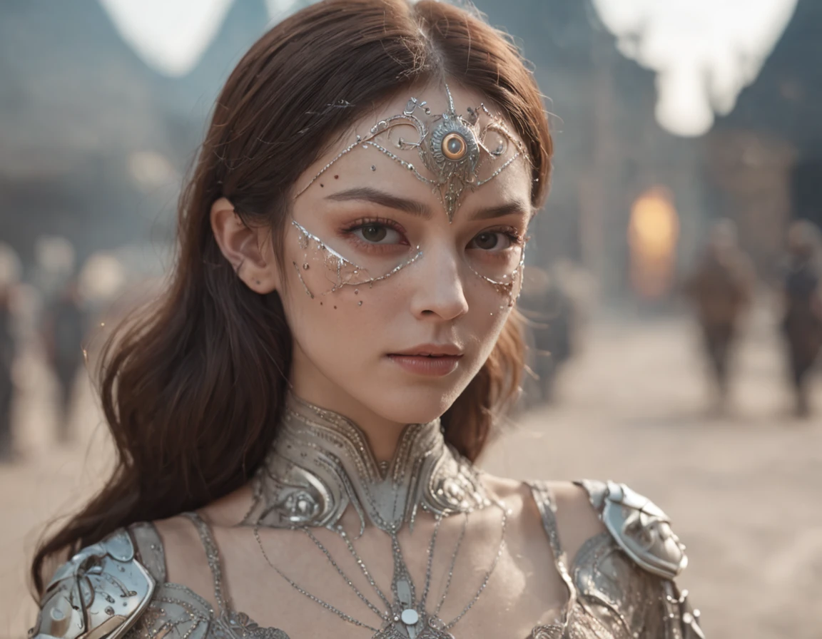 (8k, RAW photo, highest quality), hyperrealistic, intricate abstract, intricate artwork, abstract style, mesmerizing portrait of a woman with metallic skin, delicate fractal patterns, armor from another world, insanely detailed features, reflecting lights, glimmering lights, distant galaxy, bioluminescence, glimpses of alternate dimensions, non-representational, colors and shapes, expression of feelings, imaginative, highly detailed, extremely high-resolution details, photographic, realism pushed to extreme, fine texture, 4k, ultra-detailed, high quality, high contrast