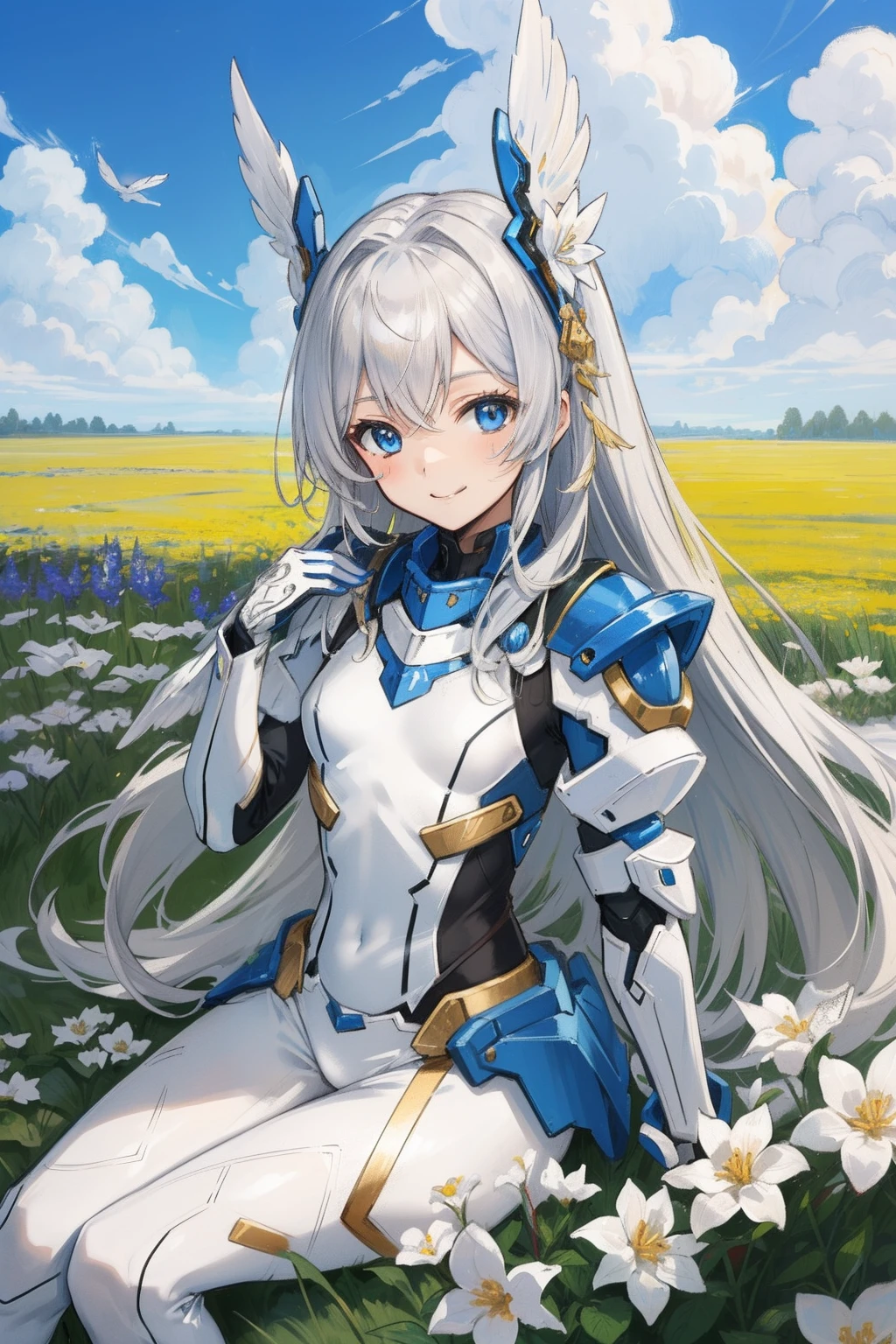 (master piece, Best Quality), Intricate details, valkyrie, kawaii, (((friendly smile))), Hand up, Looking at Viewer, Feather Headgear, Flower meadow, (((flat breast))) on top of the clouds, sitting
1 girl in, Solo, Portrait, Plutinum Blonde Hair, drooping eyes, Silver Single Thigh, White Independent Single Sleeve, gloves, Single braid,
mecha musume, White bodysuit, Silver Reinforced Suit, Mini Feather Wings, pantyhose, full armor, flower decoration, equip sword,