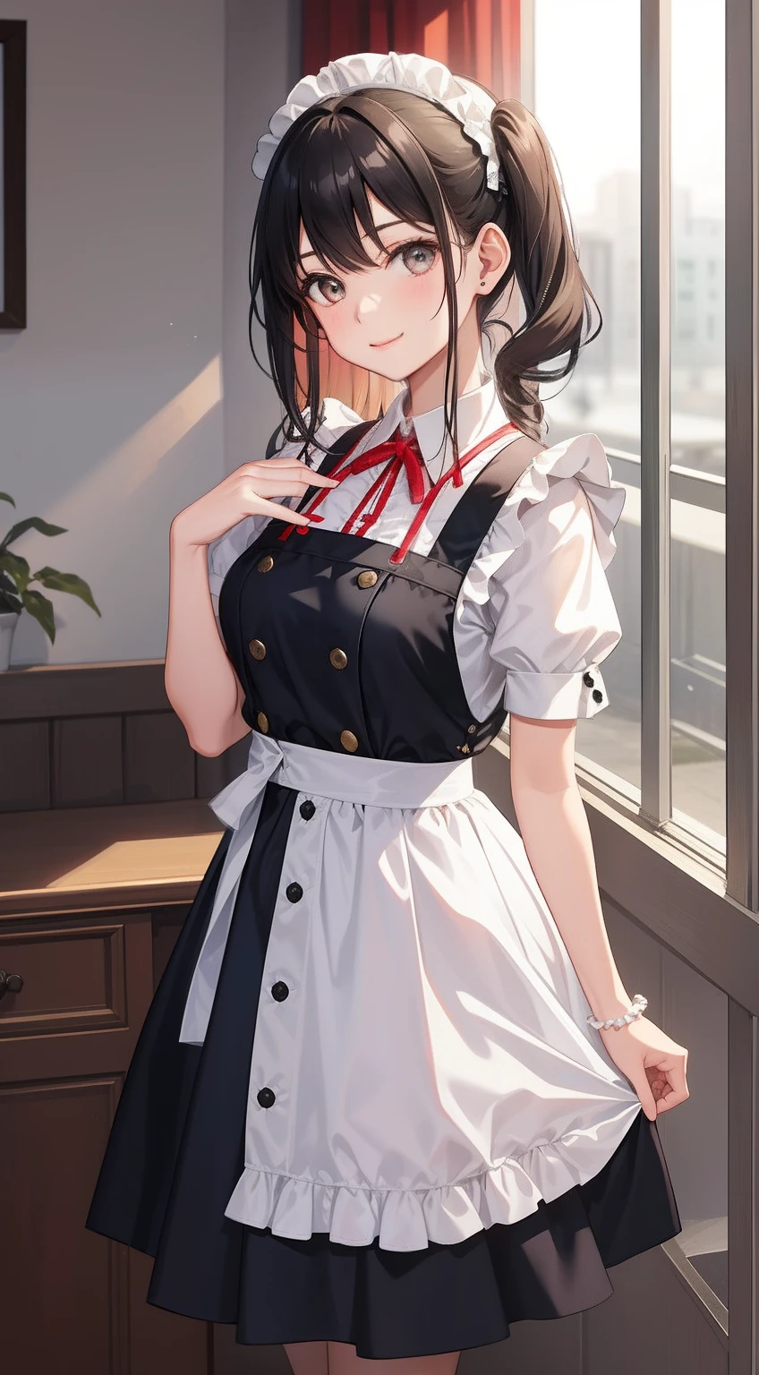 1girl in、AS-Adult、A smile、The shirt、skirt by the、pinafore、hair adornments、(Maids)、